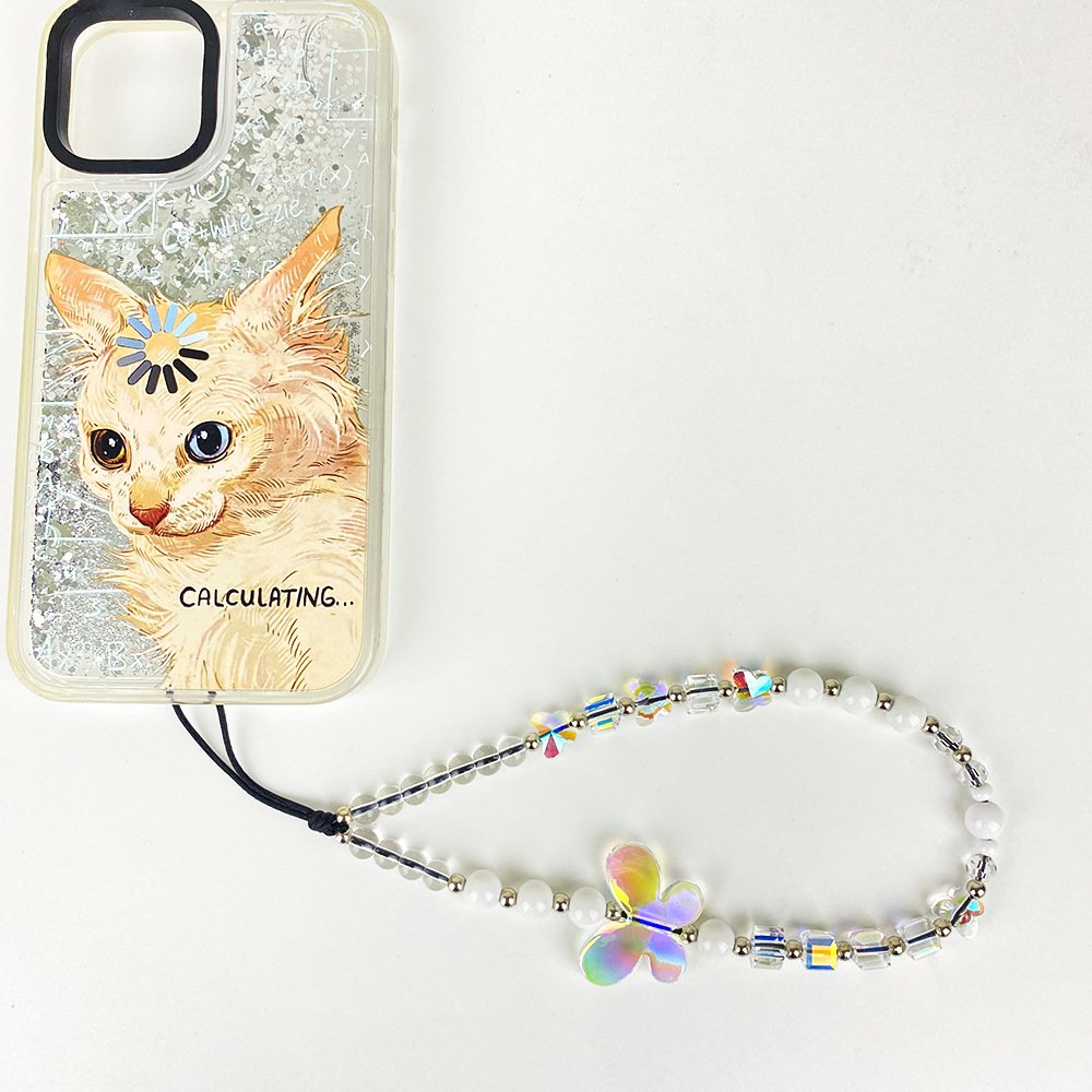 Custom fashion crystal beading size butterfly beads design mobile phone pendant necklace chain