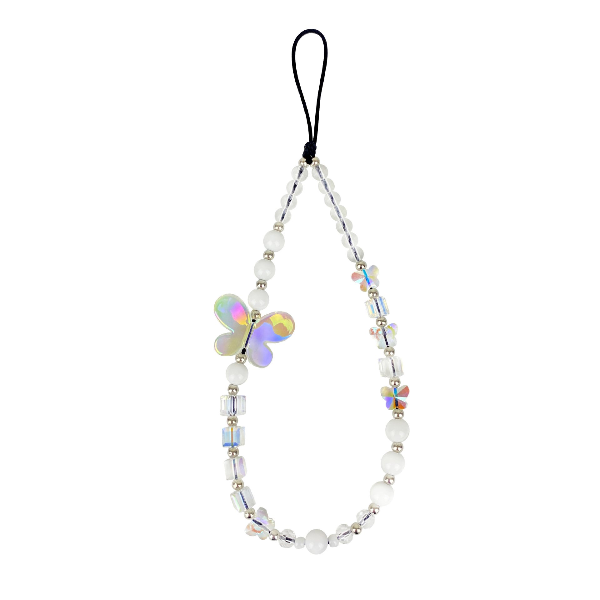 Custom fashion crystal beading size butterfly beads design mobile phone pendant necklace chain