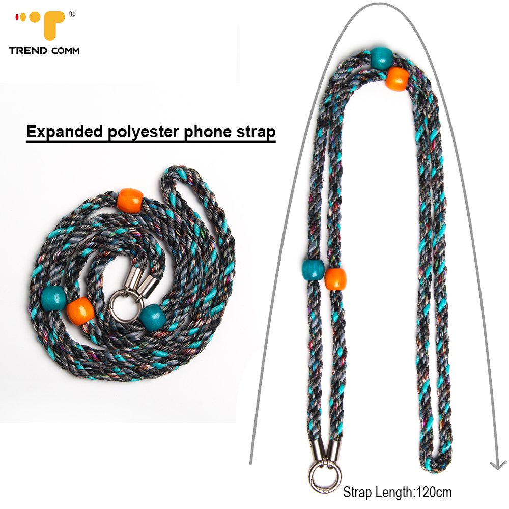 High Quality Universal Dacron Strap Expanded Polyester Mobile Phone Crossbody Lanyard with Natural Wood Beads