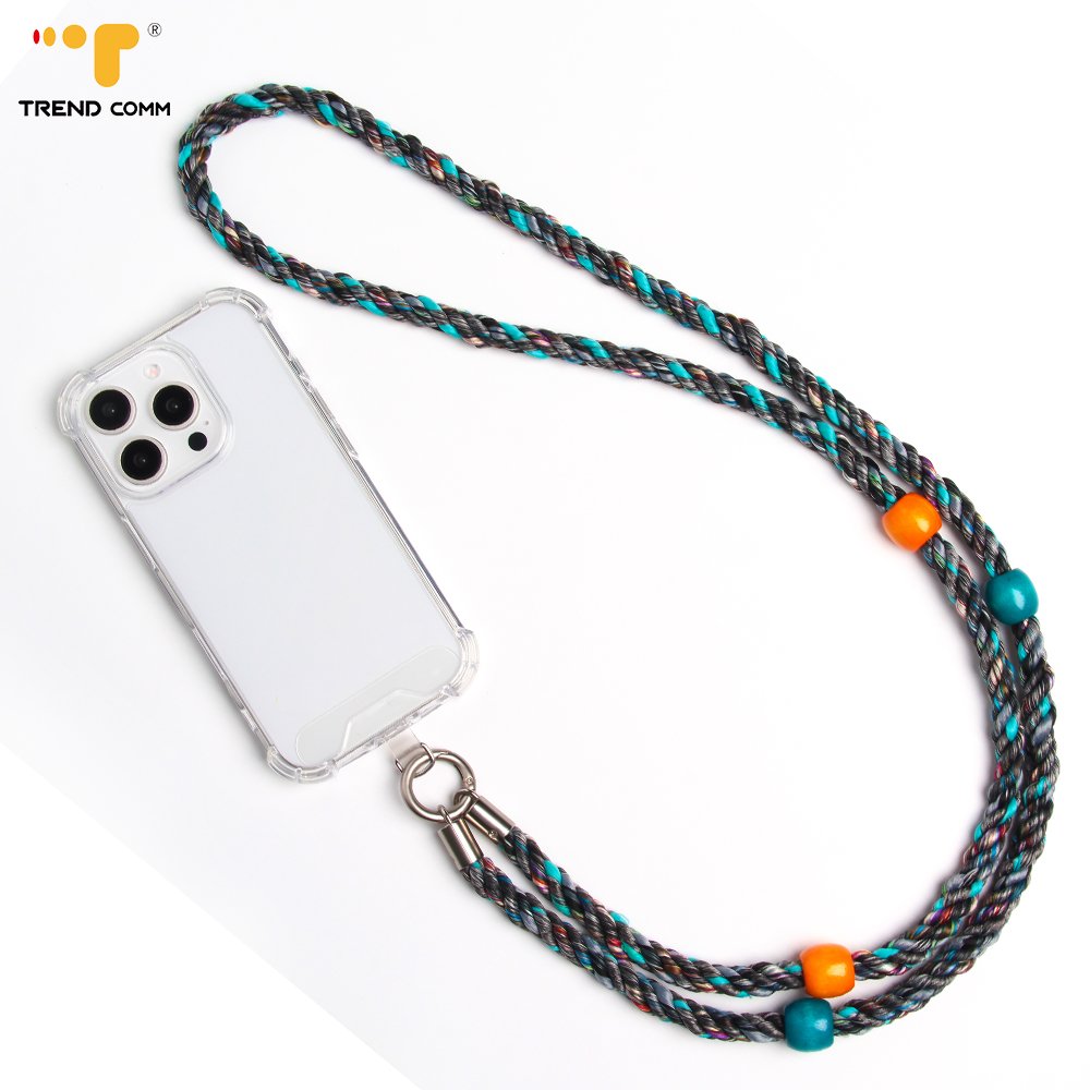 High Quality Universal Dacron Strap Expanded Polyester Mobile Phone Crossbody Lanyard with Natural Wood Beads