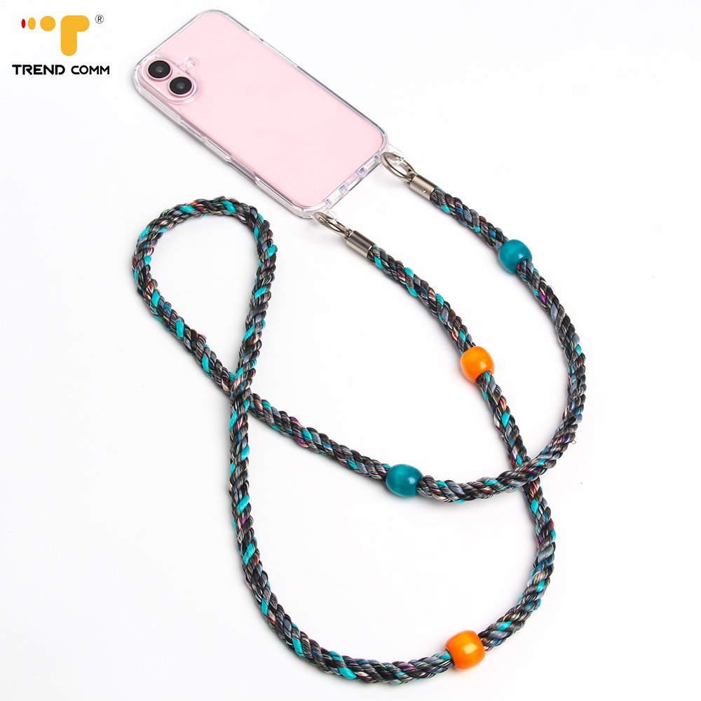 High Quality Universal Dacron Strap Expanded Polyester Mobile Phone Crossbody Lanyard with Natural Wood Beads