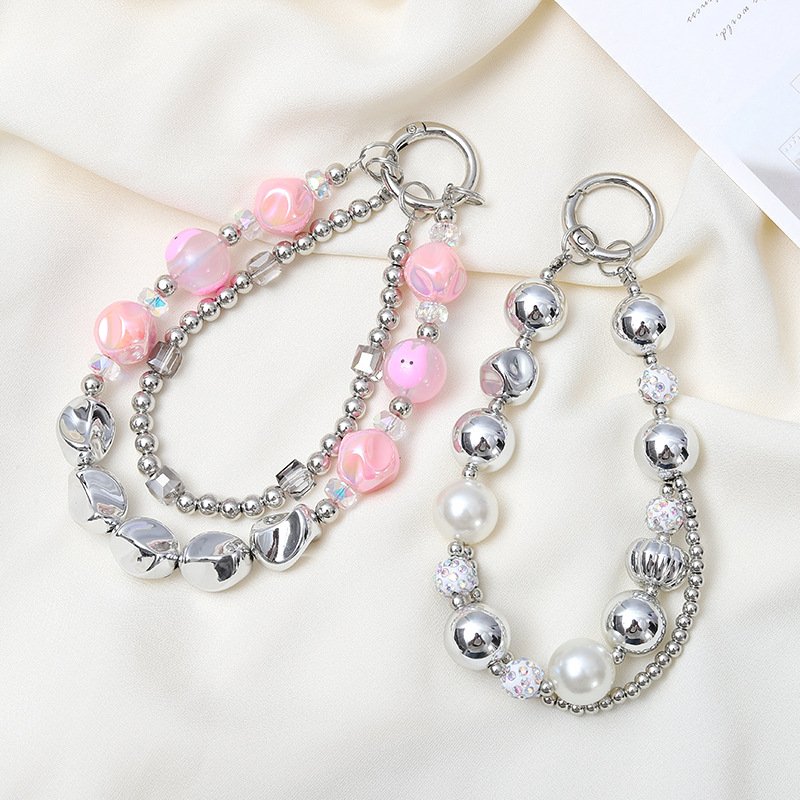Silver-plated Double Chain Beaded Pendant Chain Phone Lanyard ccd Camera Key Chain Pendant Pearl Crystal Bead Strap String