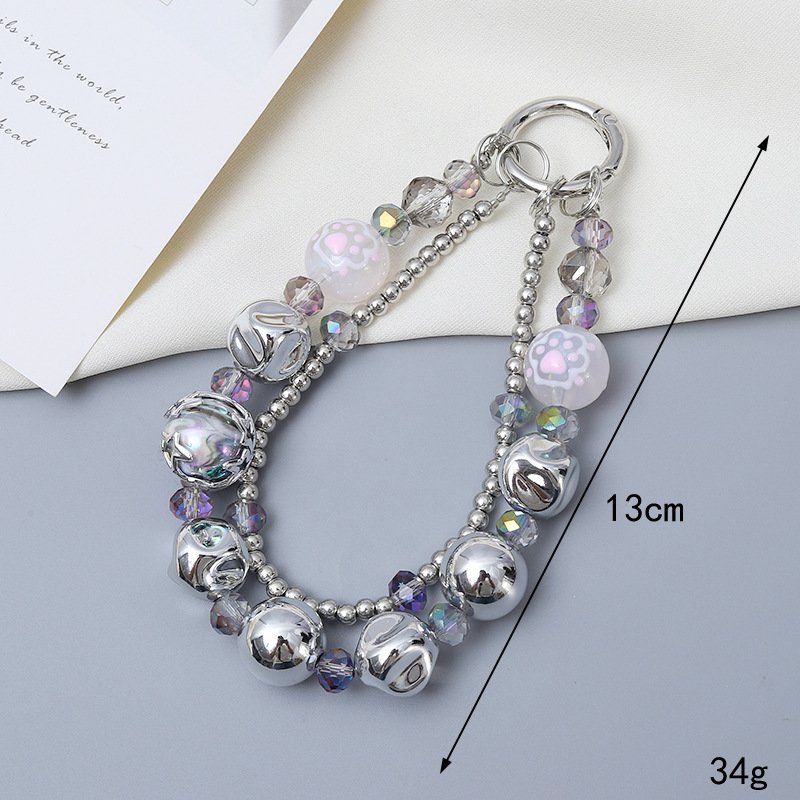 Silver-plated Double Chain Beaded Pendant Chain Phone Lanyard ccd Camera Key Chain Pendant Pearl Crystal Bead Strap String