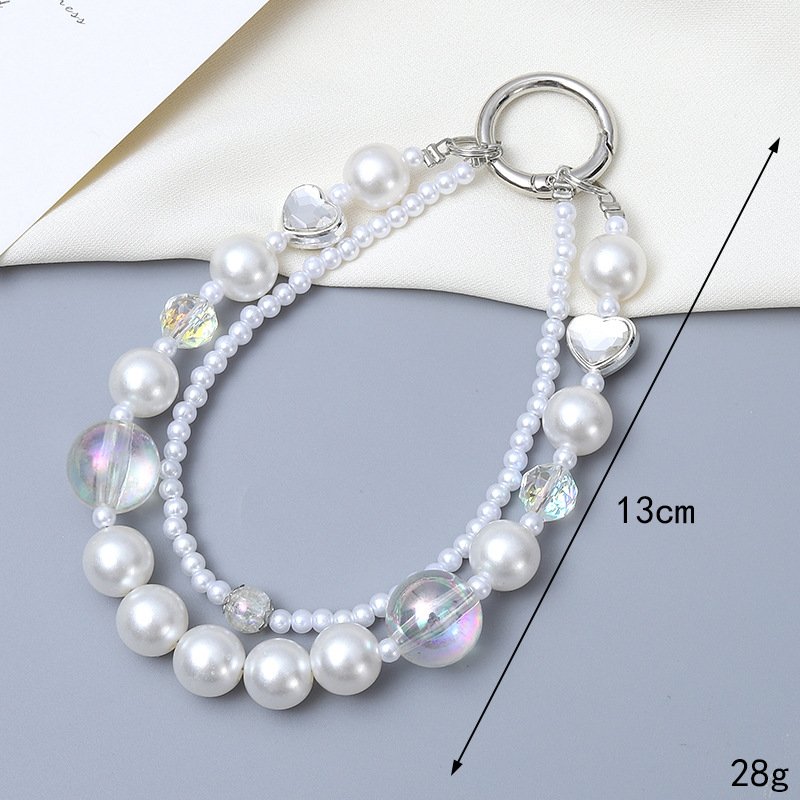 Silver-plated Double Chain Beaded Pendant Chain Phone Lanyard ccd Camera Key Chain Pendant Pearl Crystal Bead Strap String