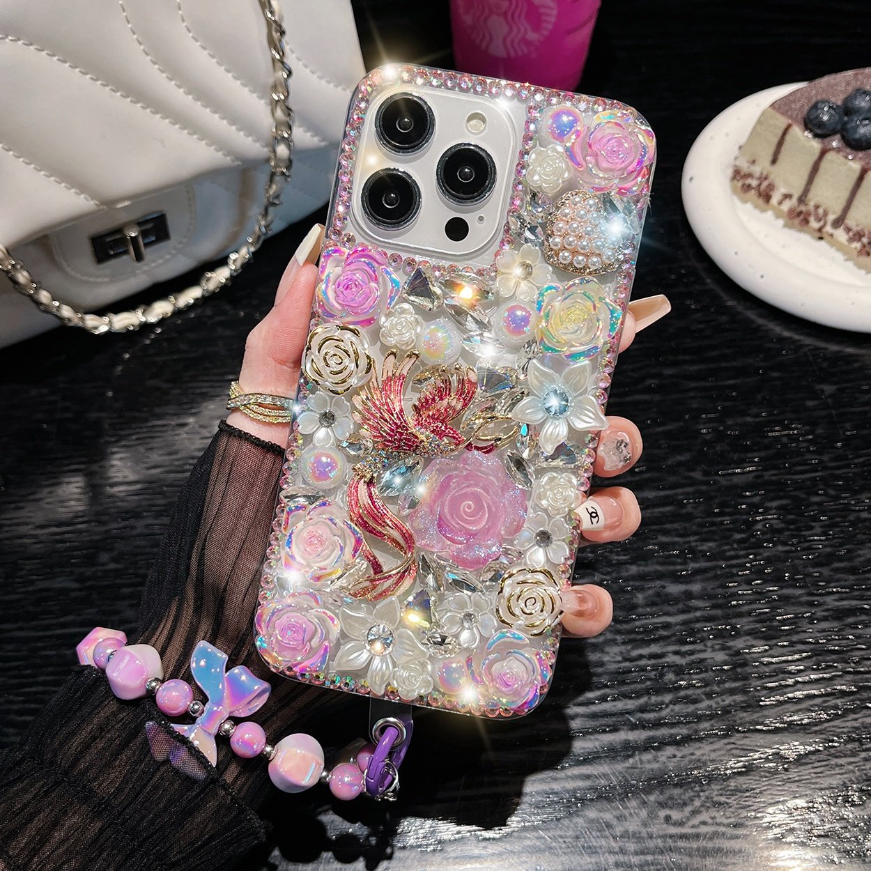 Handmade Luxury Rhinestone Mobile Phone Cases for iPhone16 15 14 13 12 11 pro max Xr With Beaded Phone Charms Straps