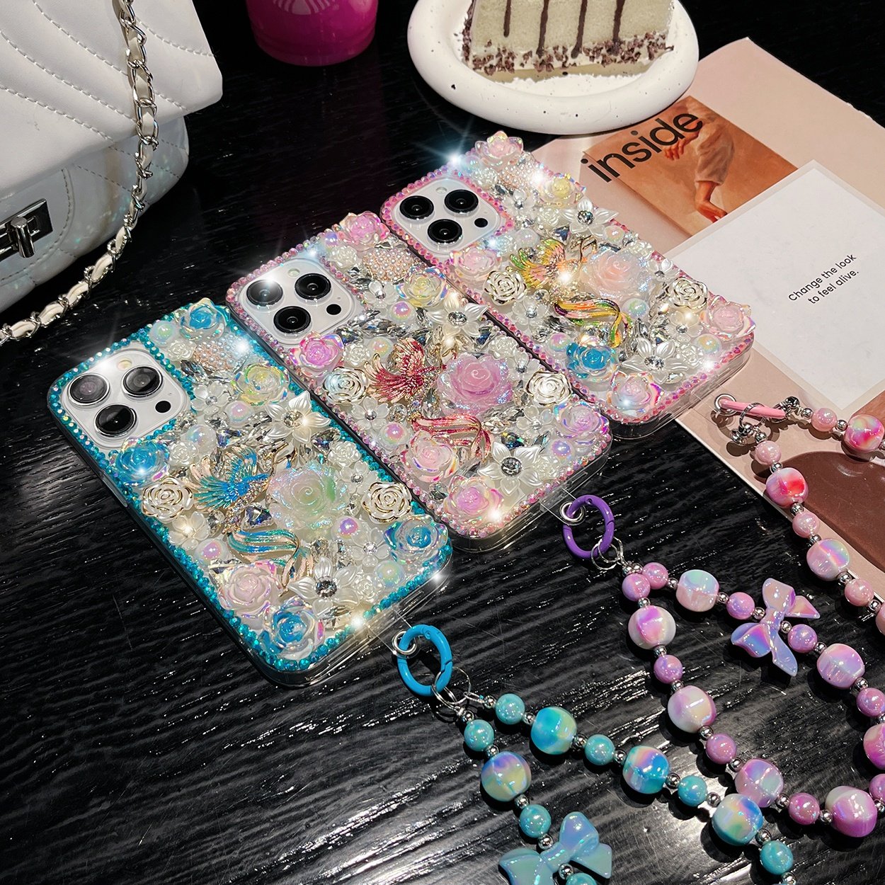 Handmade Luxury Rhinestone Mobile Phone Cases for iPhone16 15 14 13 12 11 pro max Xr With Beaded Phone Charms Straps