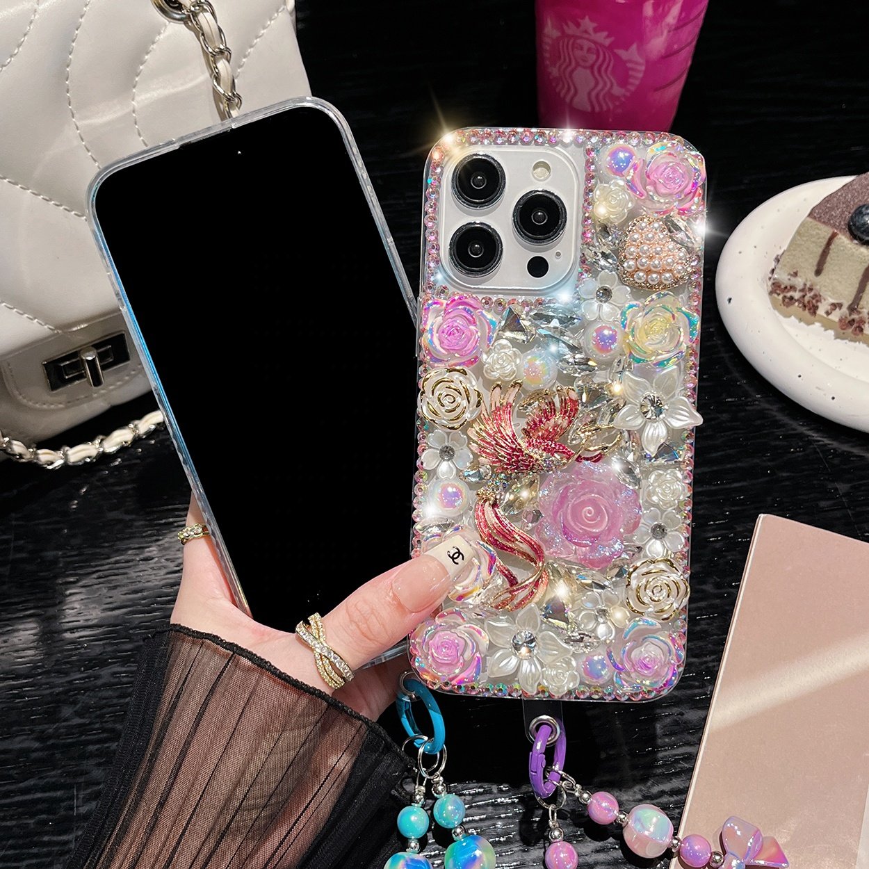 Handmade Luxury Rhinestone Mobile Phone Cases for iPhone16 15 14 13 12 11 pro max Xr With Beaded Phone Charms Straps