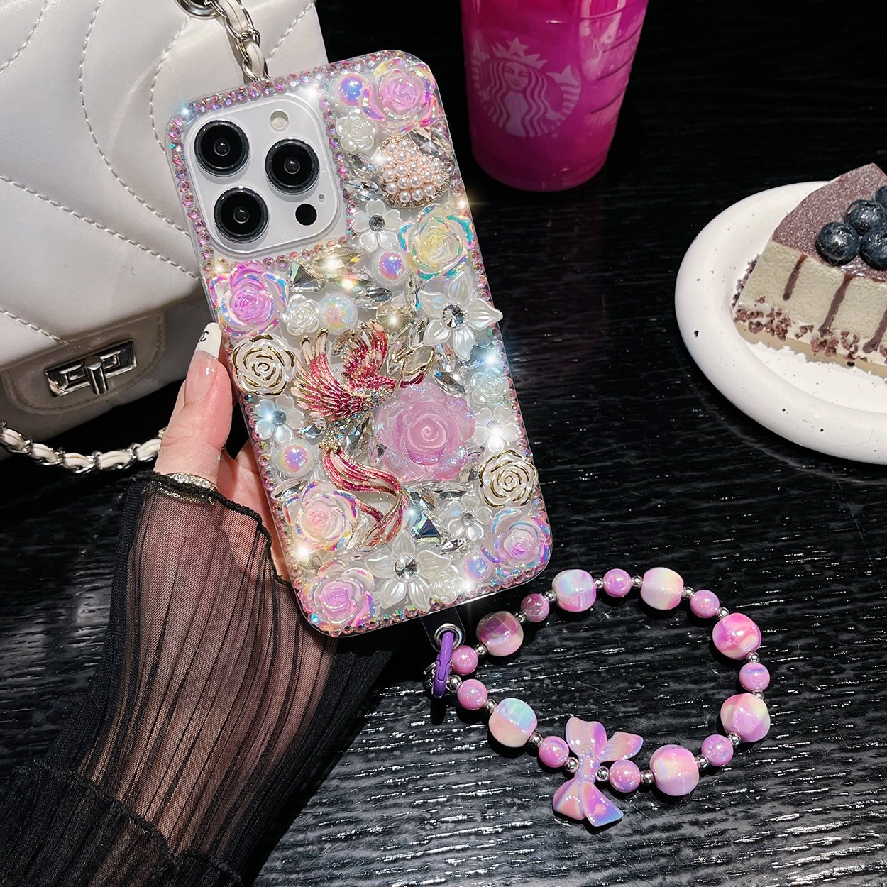 Handmade Luxury Rhinestone Mobile Phone Cases for iPhone16 15 14 13 12 11 pro max Xr With Beaded Phone Charms Straps