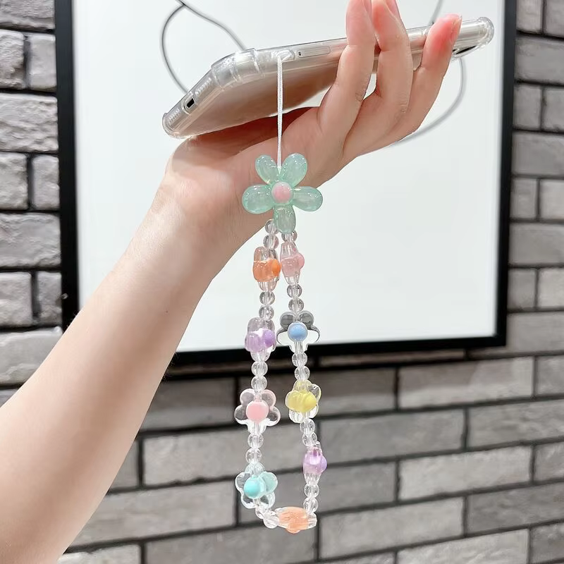 Factory High quality mobile lanyard short hand beaded round head pendant in floral pendant loss-proof sling wrist strap