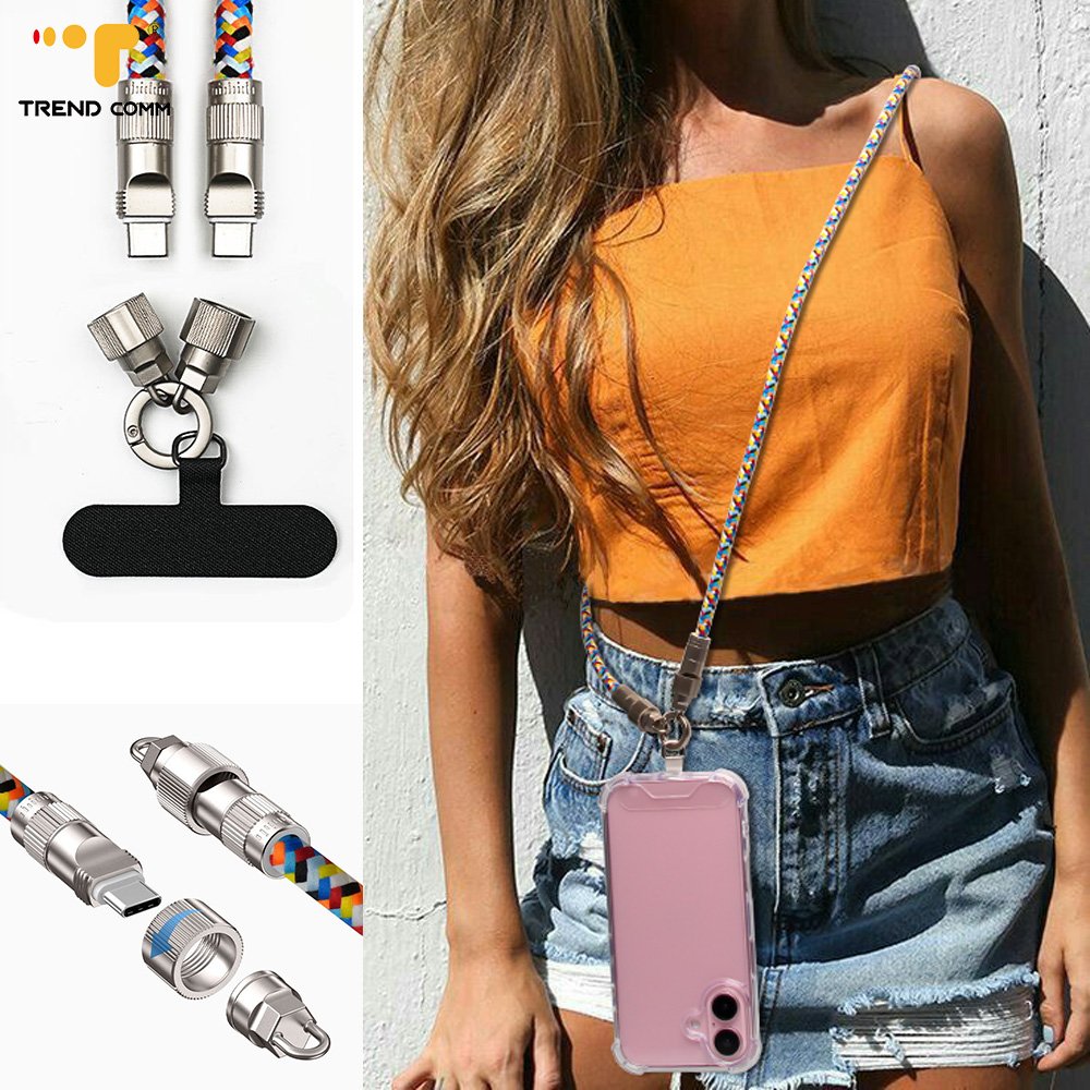 Universal Embroidered Polyester Mobile Phone Lanyard Necklace Strap with Charging Cable Security Chain