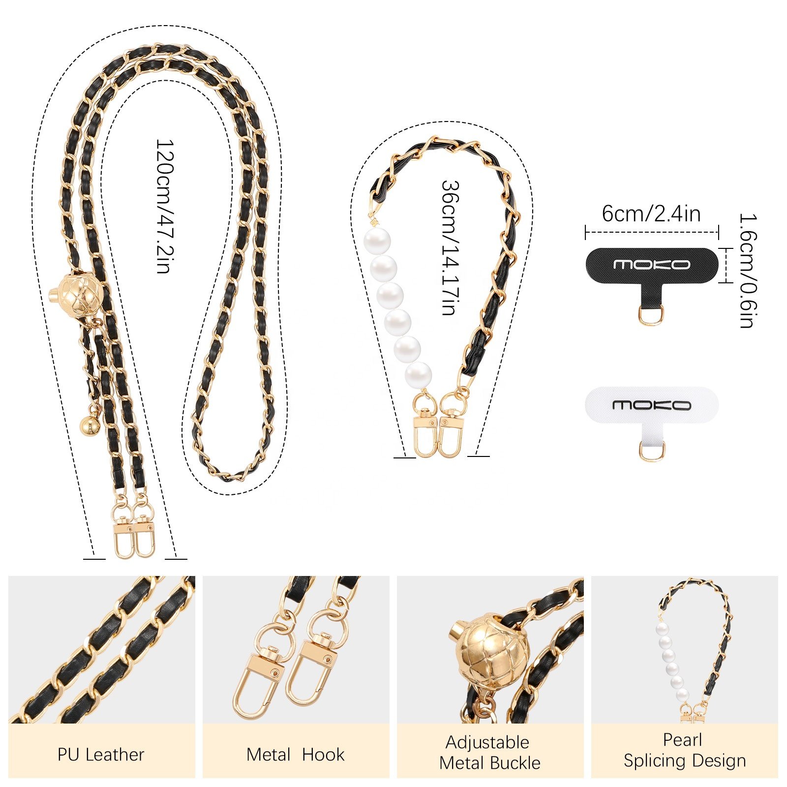 MoKo Luxury PU Leather Adjustable Crossbody Lanyard Beaded Pearl Wrist Neck Strap Universal Phone Chain Strap Cell Phone Lanyard