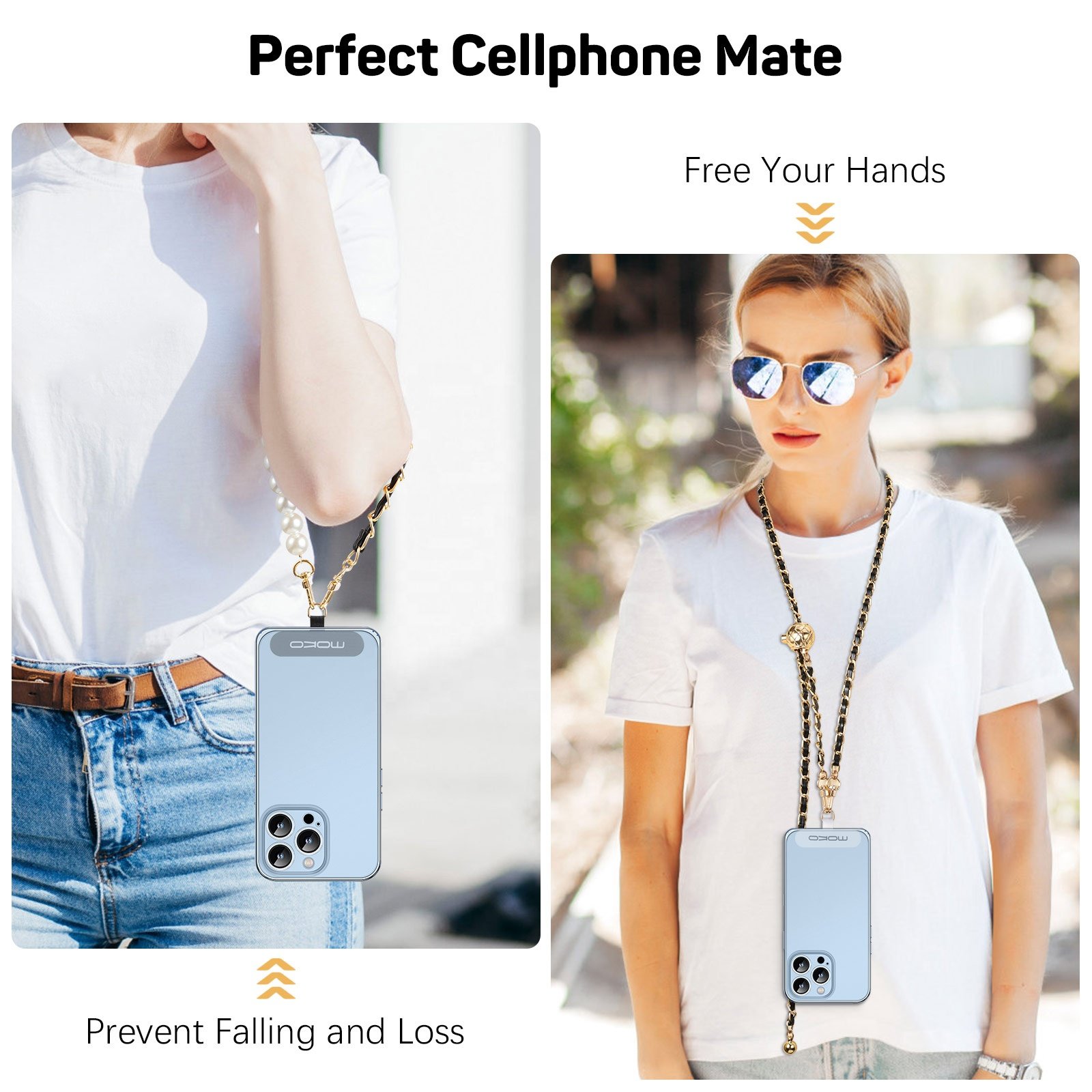 MoKo Luxury PU Leather Adjustable Crossbody Lanyard Beaded Pearl Wrist Neck Strap Universal Phone Chain Strap Cell Phone Lanyard