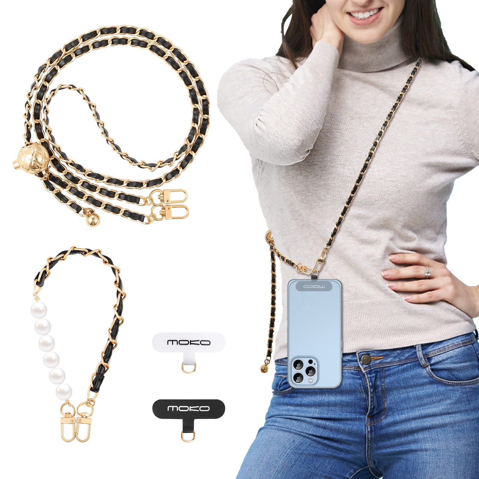 MoKo Luxury PU Leather Adjustable Crossbody Lanyard Beaded Pearl Wrist Neck Strap Universal Phone Chain Strap Cell Phone Lanyard