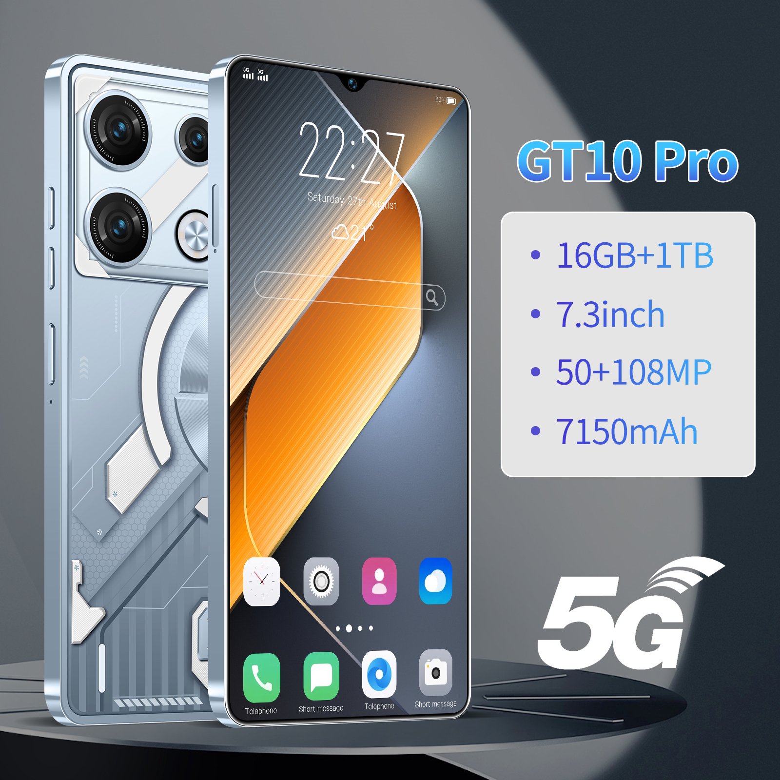 Wholesale GT 10 Pro Smart Phone 7.3 Inch 5G LTE 16GB+1TB Android 13 Quad-Core Dual SIM Standby Big Screen cheap Mobile Phone