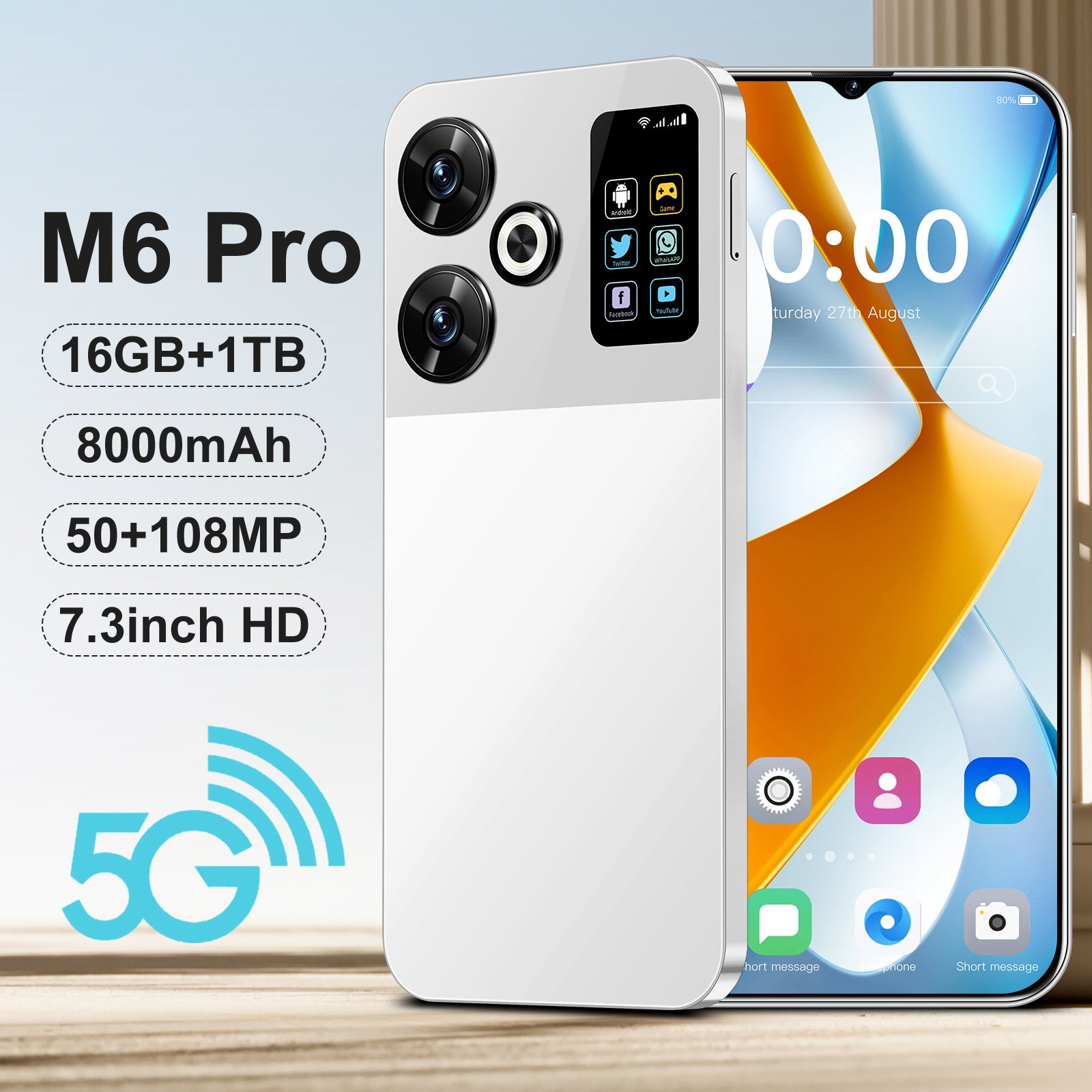 Factory price 5G mobile phone M6 Pro 7.3 inch Display 16GB+1TB Storage Dual SIM gaming Android 13 Smartphone