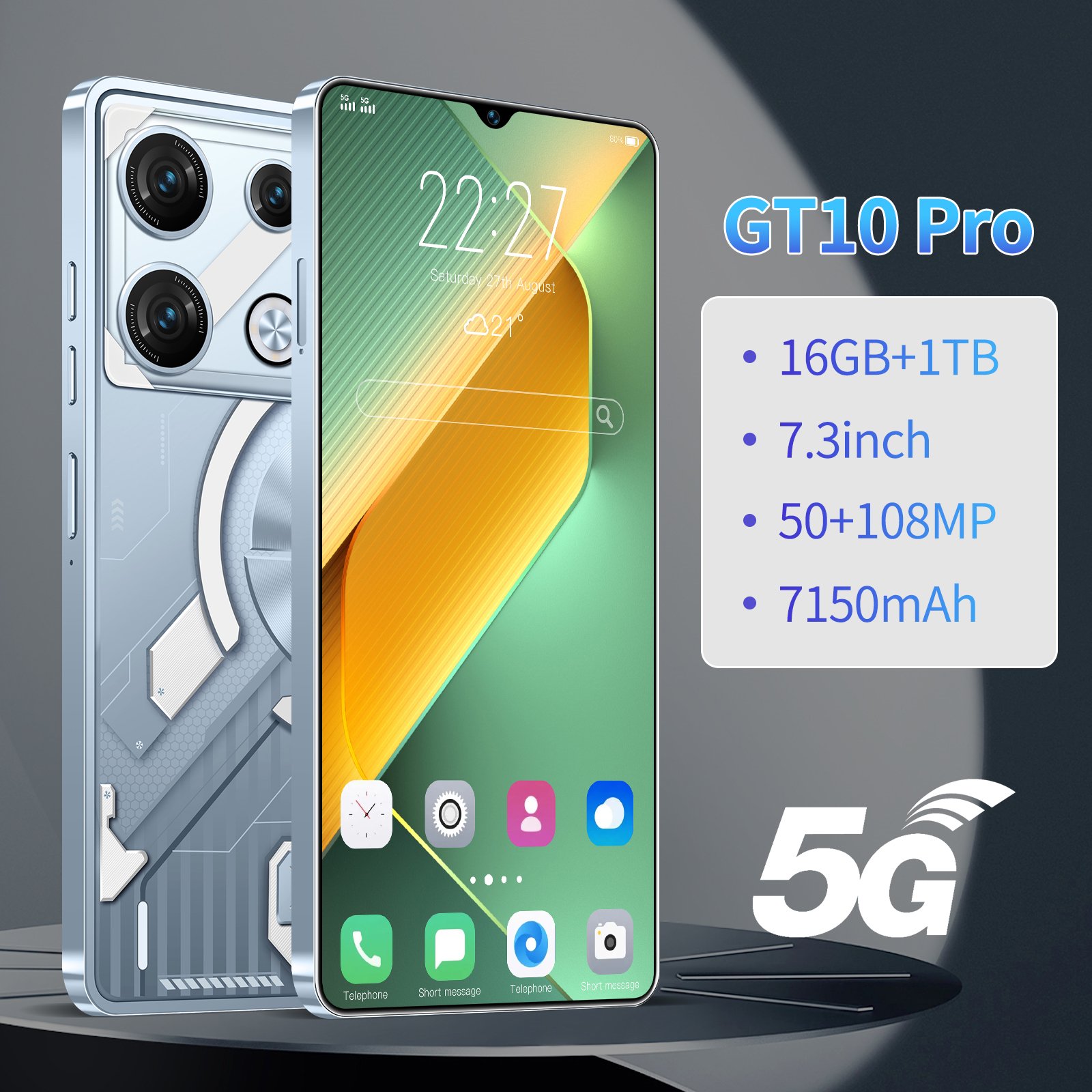 Global 5G GT 10 Pro Smart Phone cellphones 7.3 Inch LTE 16GB+1TB Android 13 Quad-Core Dual SIM Standby cheap 5G Mobile Phone