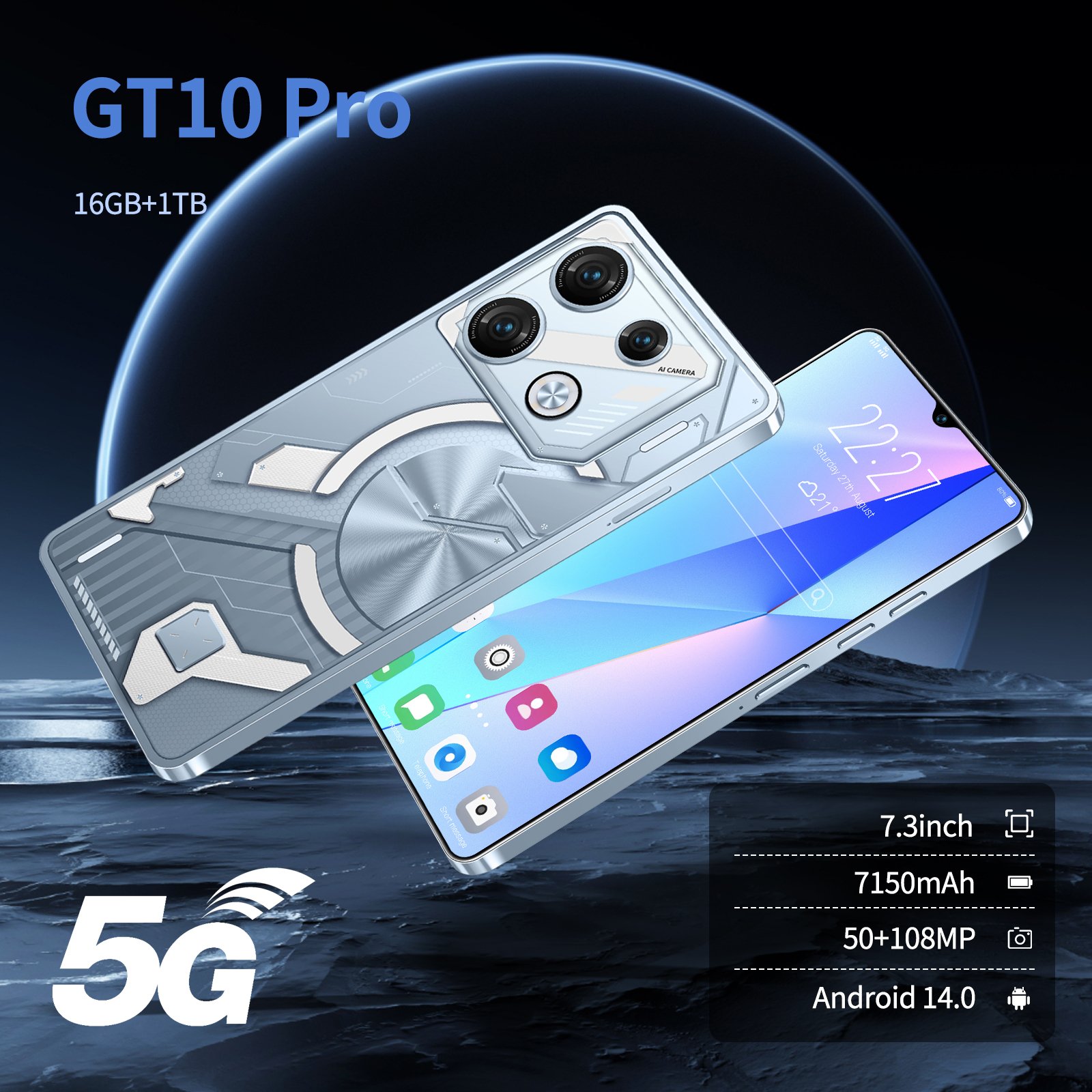 Global 5G GT 10 Pro Smart Phone cellphones 7.3 Inch LTE 16GB+1TB Android 13 Quad-Core Dual SIM Standby cheap 5G Mobile Phone