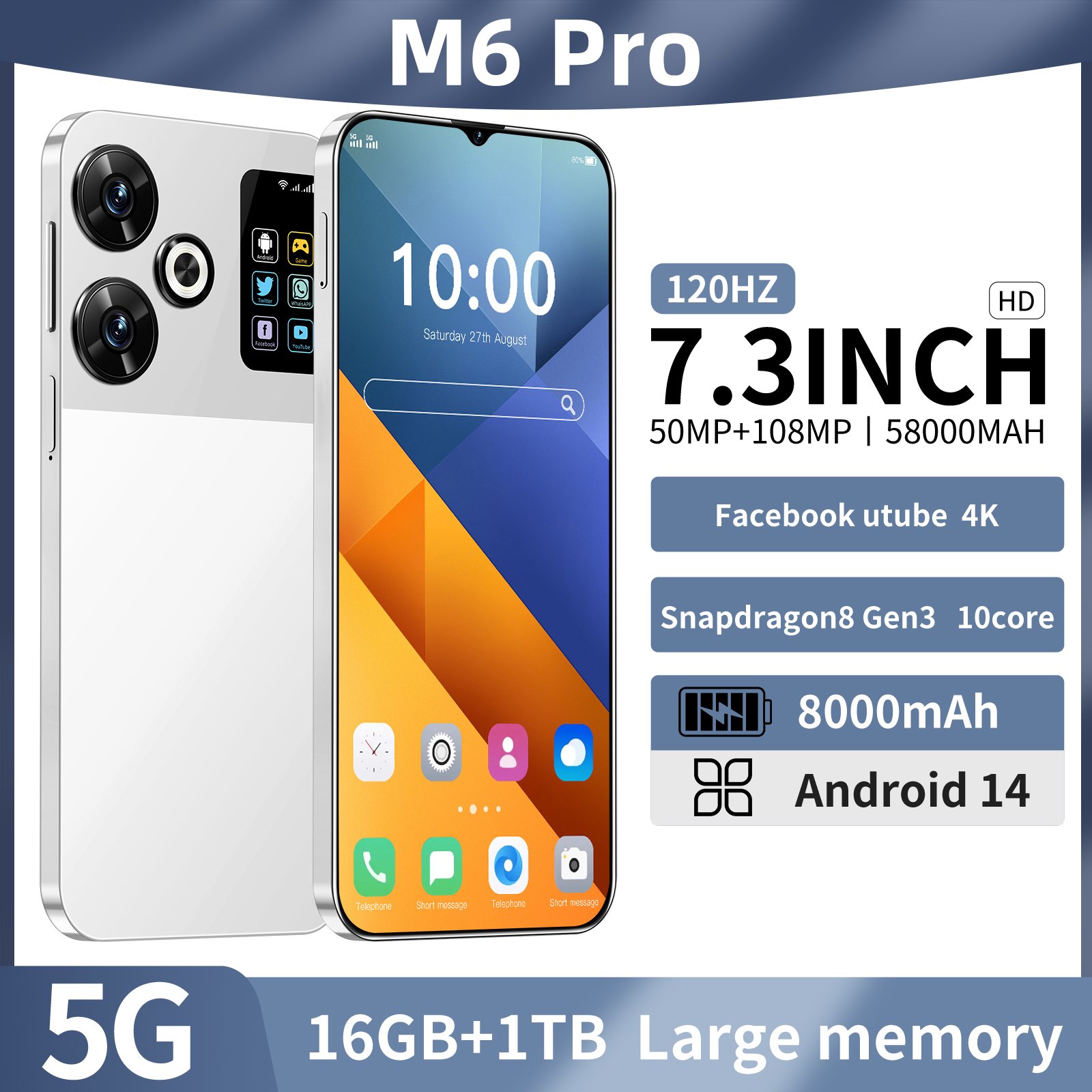 2024 Hot Sale M6 Pro Android 13 Smartphones gaming Big Battery 16GB+1TB 5G Cheap Mobile Phones with WCDMA Cellular