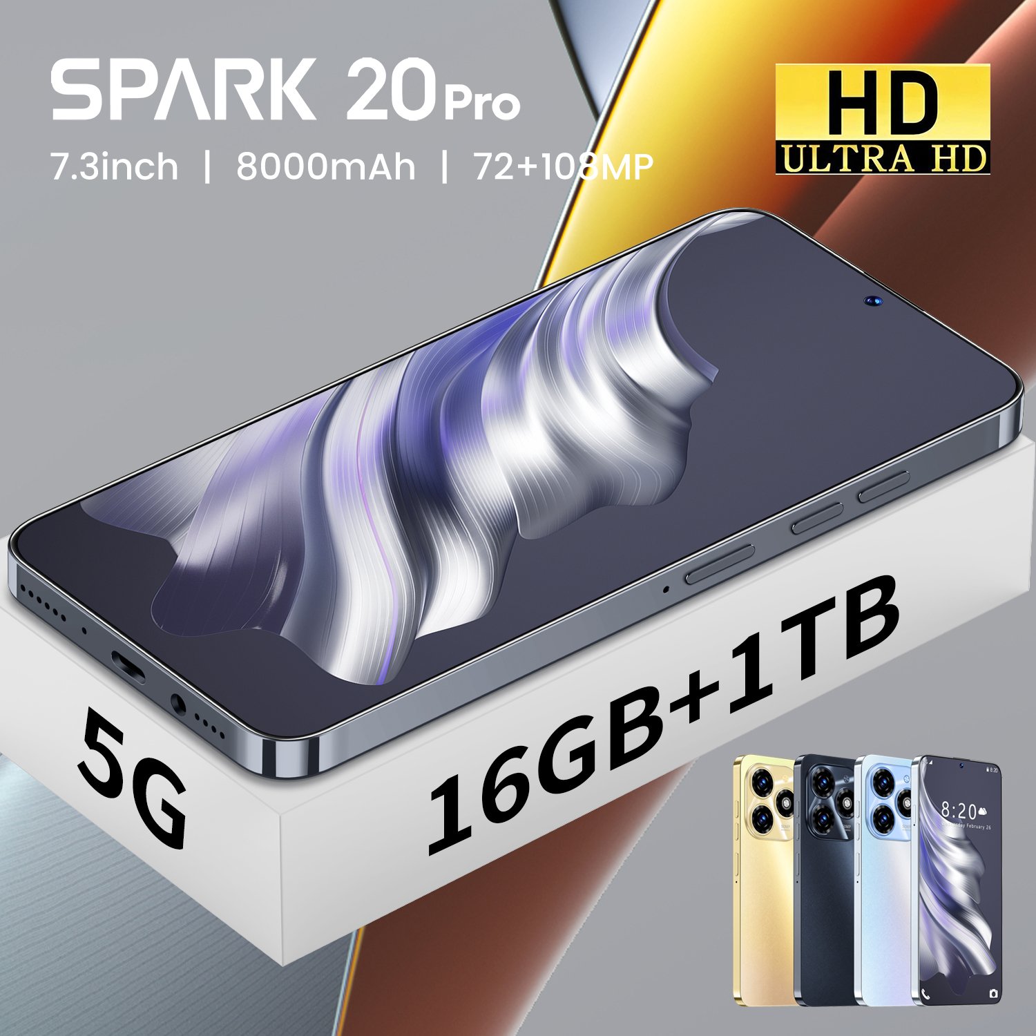 2024 New Original Mobilephone spark 20 Pro 7.3 Inch 16GB+1TB 5G face ID Global version mobile phone Android 13 5G smartphones