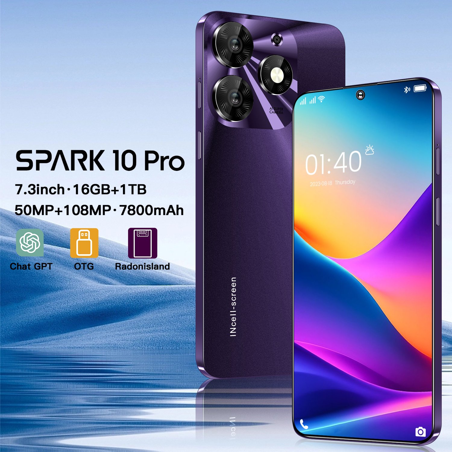 7.3 Inch Android 12 Smartphone Face/fingerprint Unlocked Dual Sim spark10 pro Mobile Phone 48mp+72mp 16gb+1tb