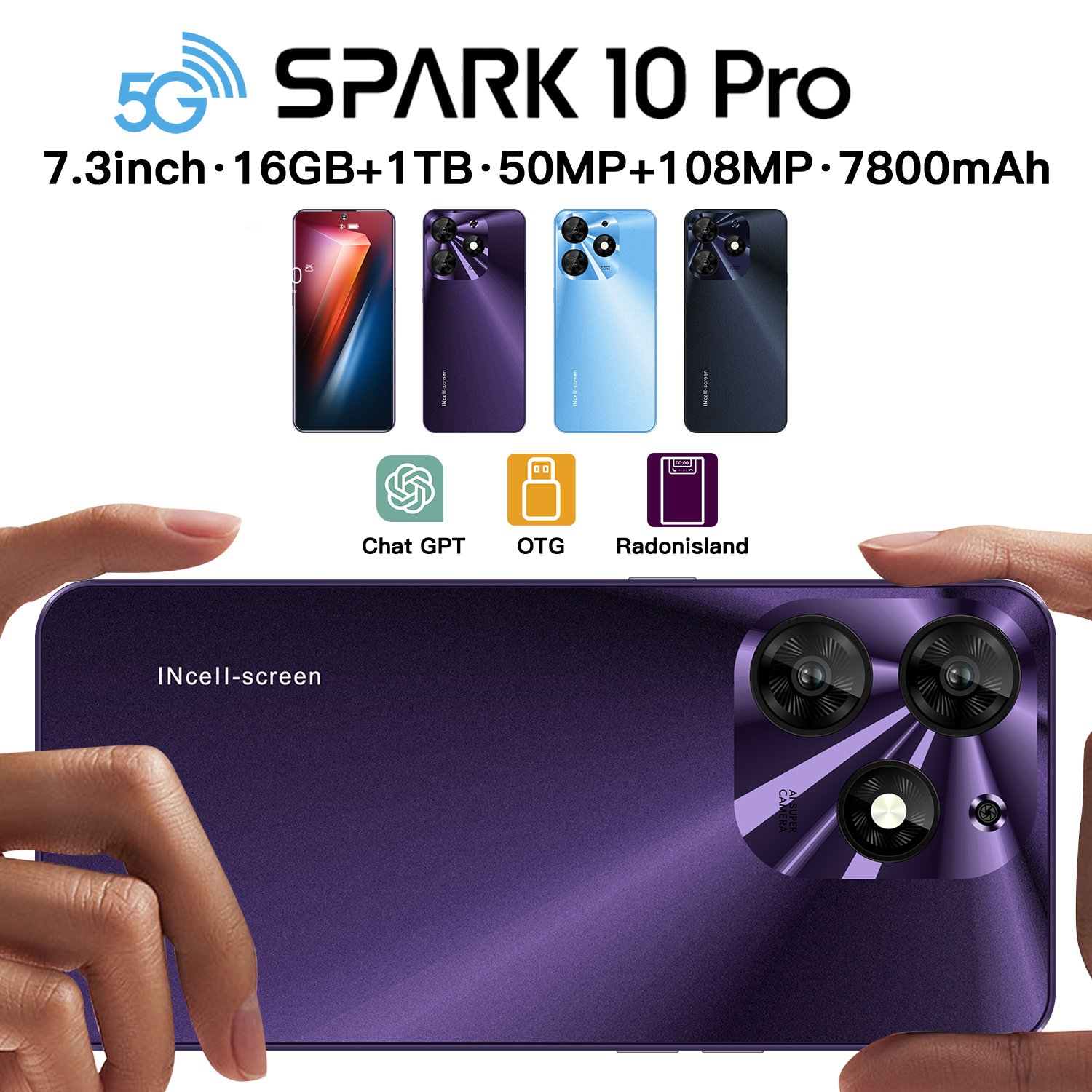 7.3 Inch Android 12 Smartphone Face/fingerprint Unlocked Dual Sim spark10 pro Mobile Phone 48mp+72mp 16gb+1tb