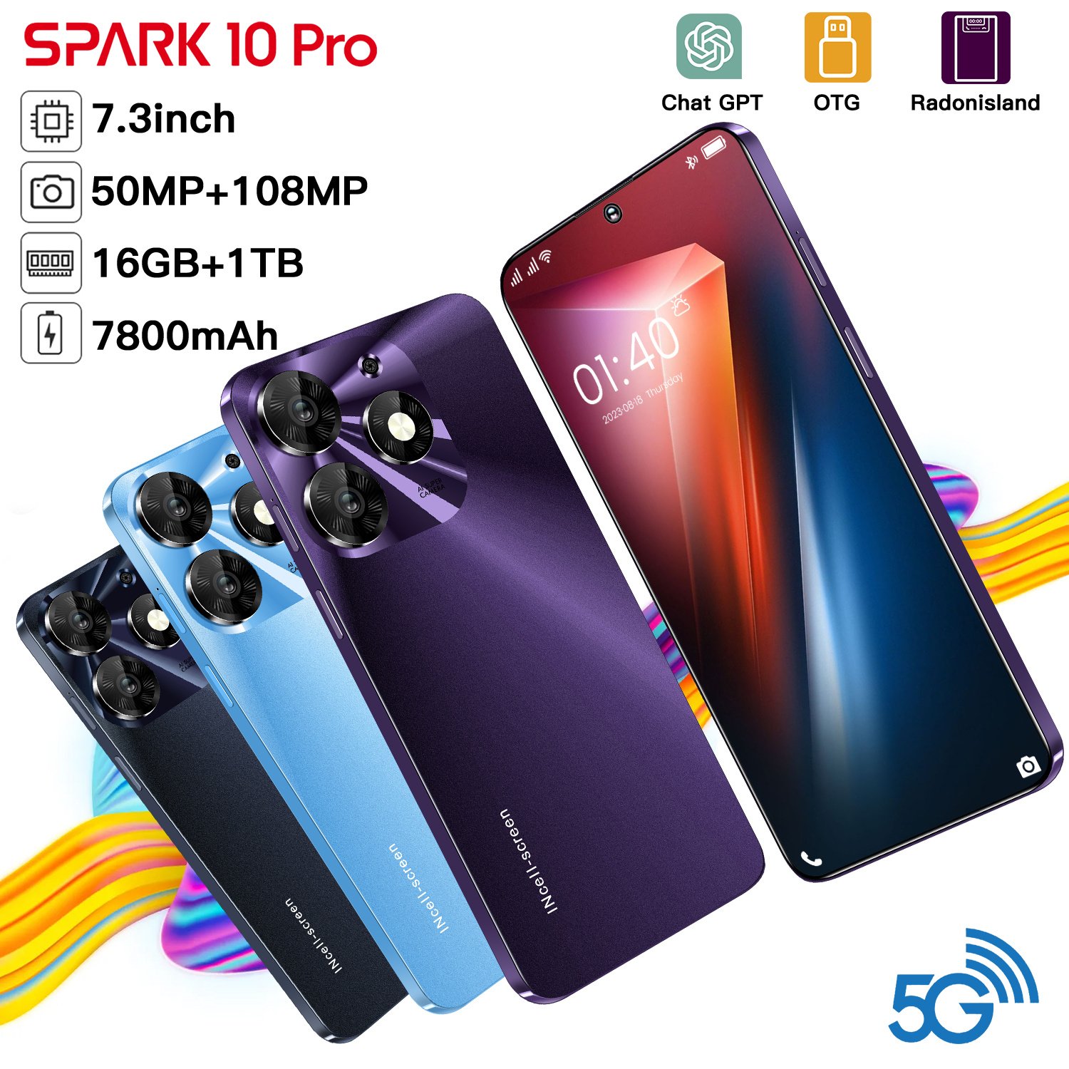 7.3 Inch Android 12 Smartphone Face/fingerprint Unlocked Dual Sim spark10 pro Mobile Phone 48mp+72mp 16gb+1tb