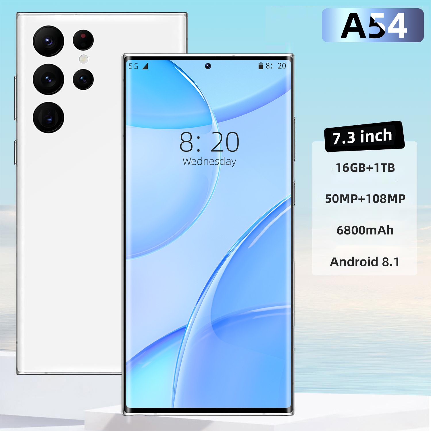 NewA54 5G phone7.3 inch 16Gb+1TB Android smartphone Android 13 64MP 6800Amh HD screen phone