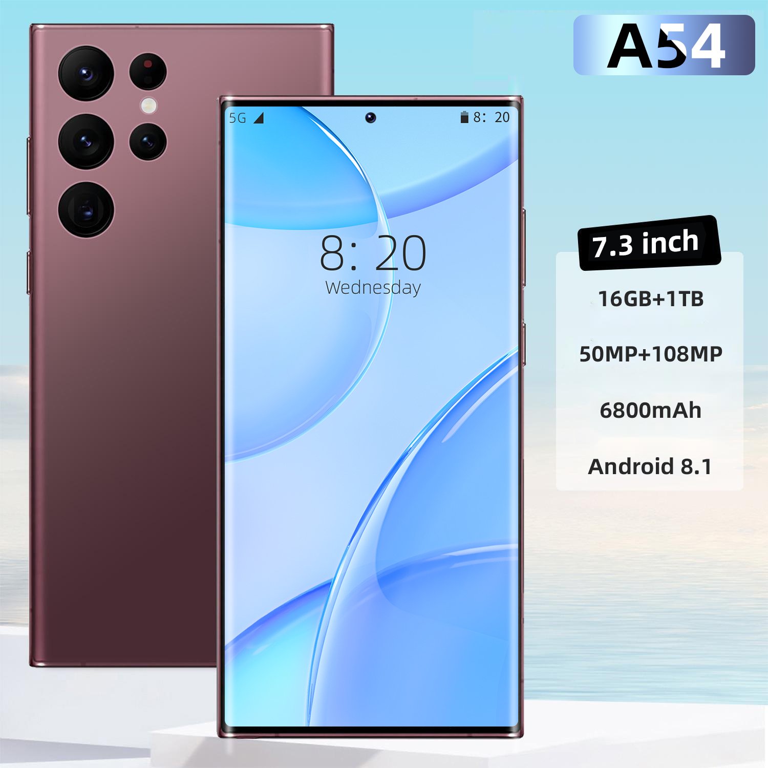 NewA54 5G phone7.3 inch 16Gb+1TB Android smartphone Android 13 64MP 6800Amh HD screen phone