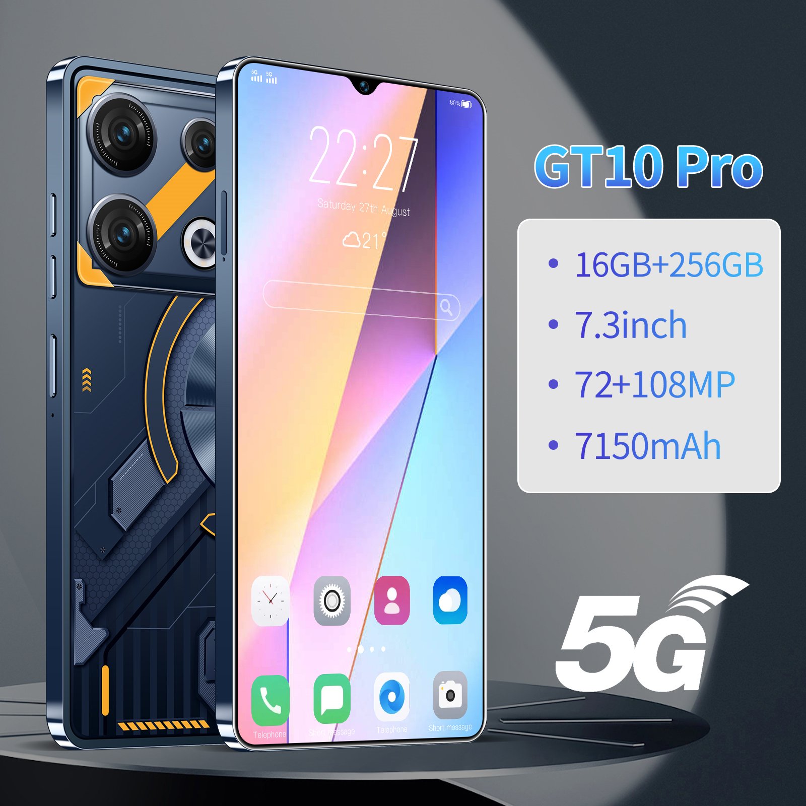 Good selling 7.3 Inch original GT10 Pro Max Smart Android13 mobile phone Hd Large Screen 5g phone 16GB + 256GB i nfinix phones