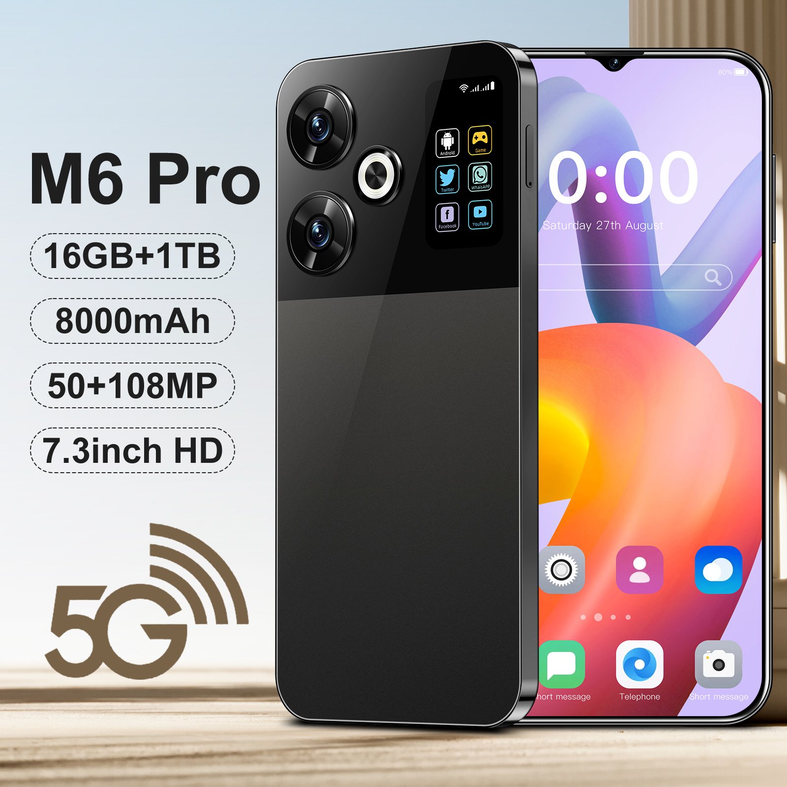 Top Sales M6 Pro smartphone smart phone 16GB+1TB Storage 7.3 inch Display 10-Core Dual SIM Full Screen Android mobile phone