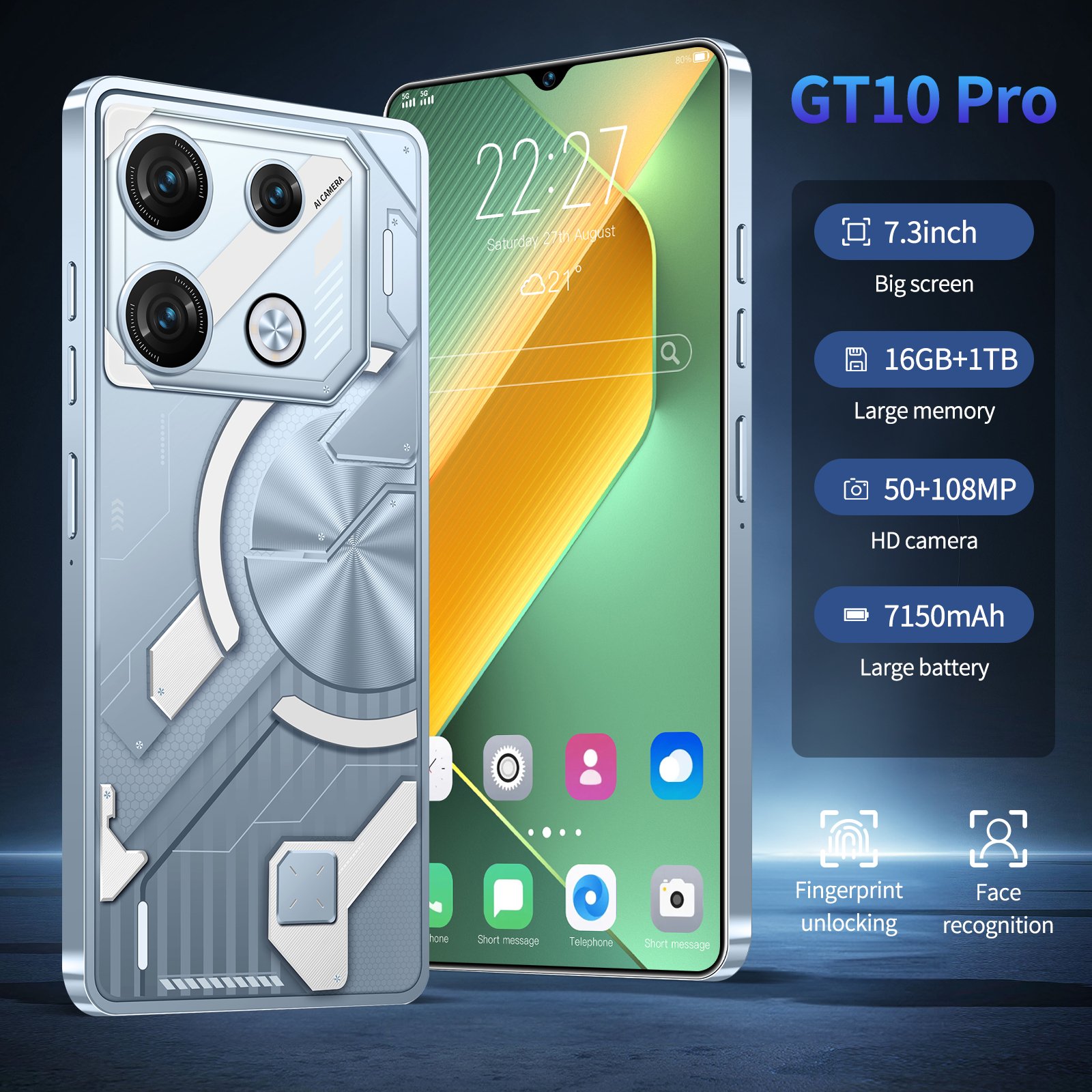 Wholesale GT 10 Pro Smart Phone 7.3 Inch 5G LTE 16GB+1TB Android 13 Quad-Core Dual SIM Standby Big Screen Mobile Phone