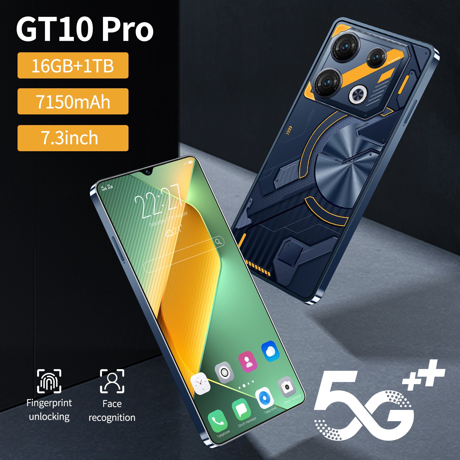 Wholesale GT 10 Pro Smart Phone 7.3 Inch 5G LTE 16GB+1TB Android 13 Quad-Core Dual SIM Standby Big Screen Mobile Phone