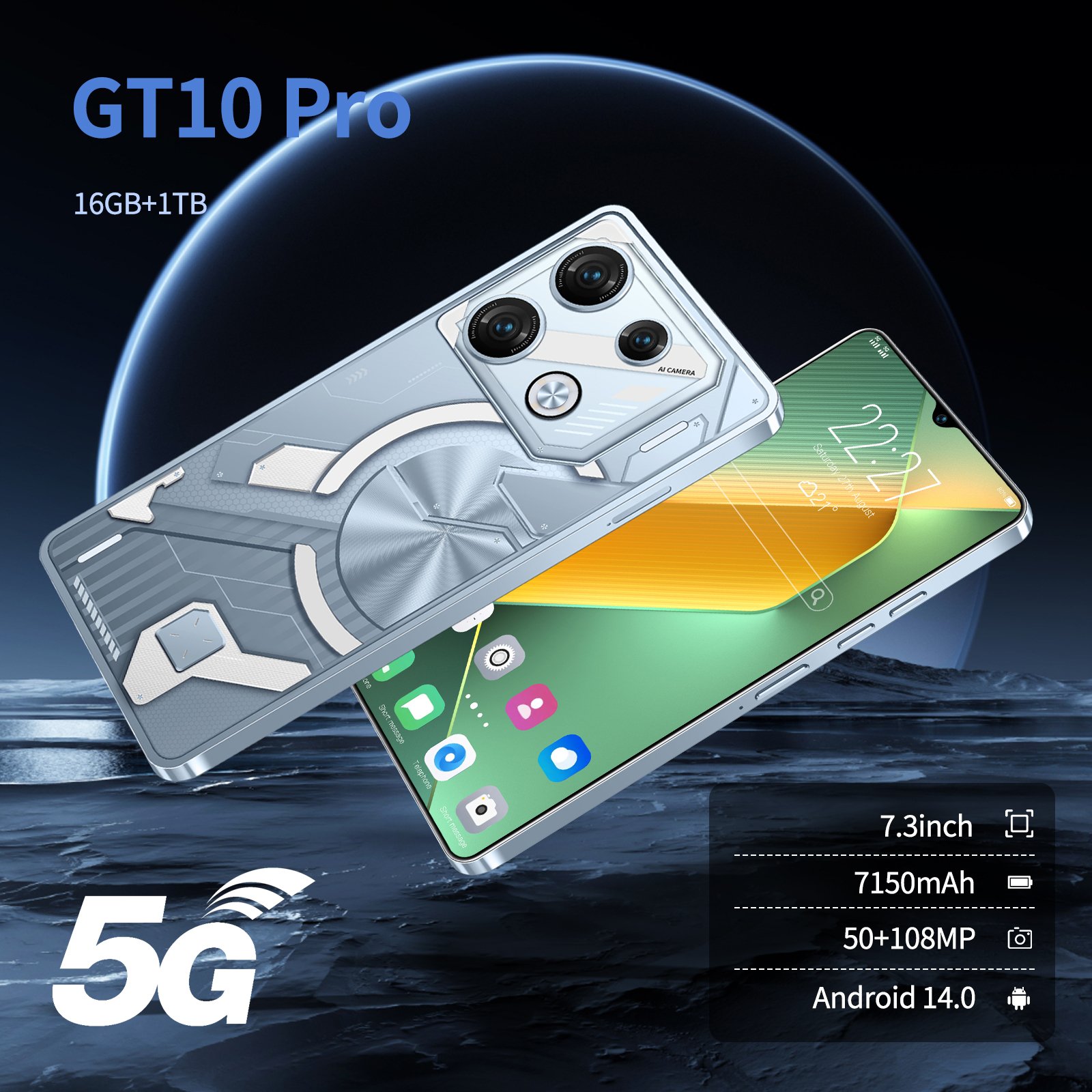 Wholesale GT 10 Pro Smart Phone 7.3 Inch 5G LTE 16GB+1TB Android 13 Quad-Core Dual SIM Standby Big Screen Mobile Phone