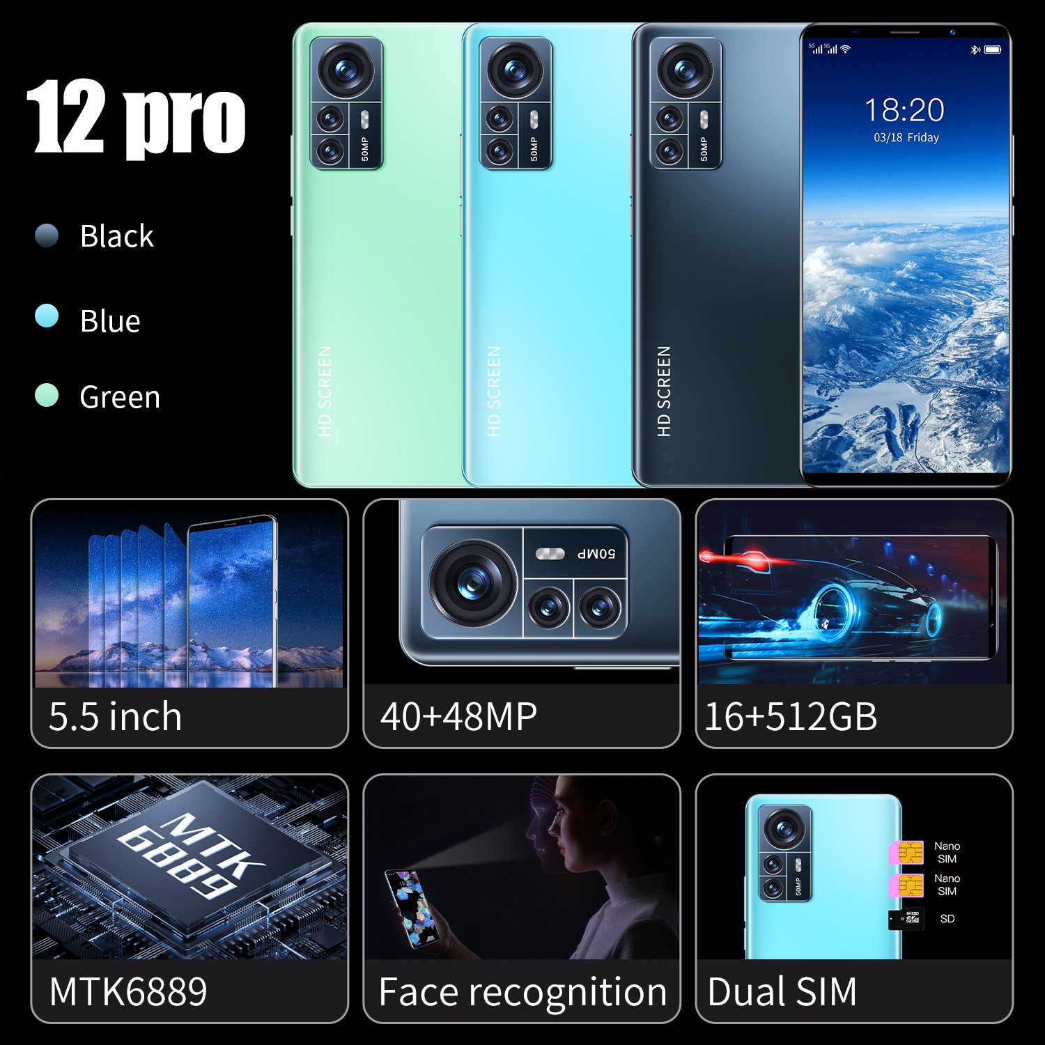 Best selling 12 Pro 5.5 inch global version low price cheap mobile phone Android 11.0 16+512GB dual SIM portable mobile phone