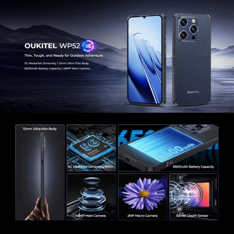 New Original Oukitel WP52 5G Rugged Phone 4GB+256GB 6.6 inch Android 14.0 MediaTek Dimensity 6100+ Octa-core NFC 5G Smartphone