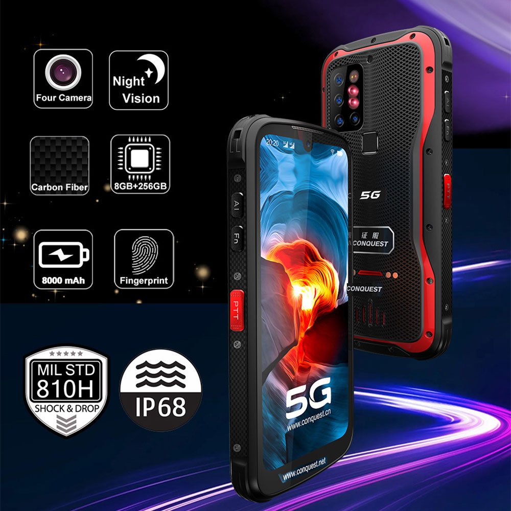 Conquest S20 waterproof IP68 face and fingerprint ID unlocked IR night vision 5G Android 11 rugged phones POC walkie talkie
