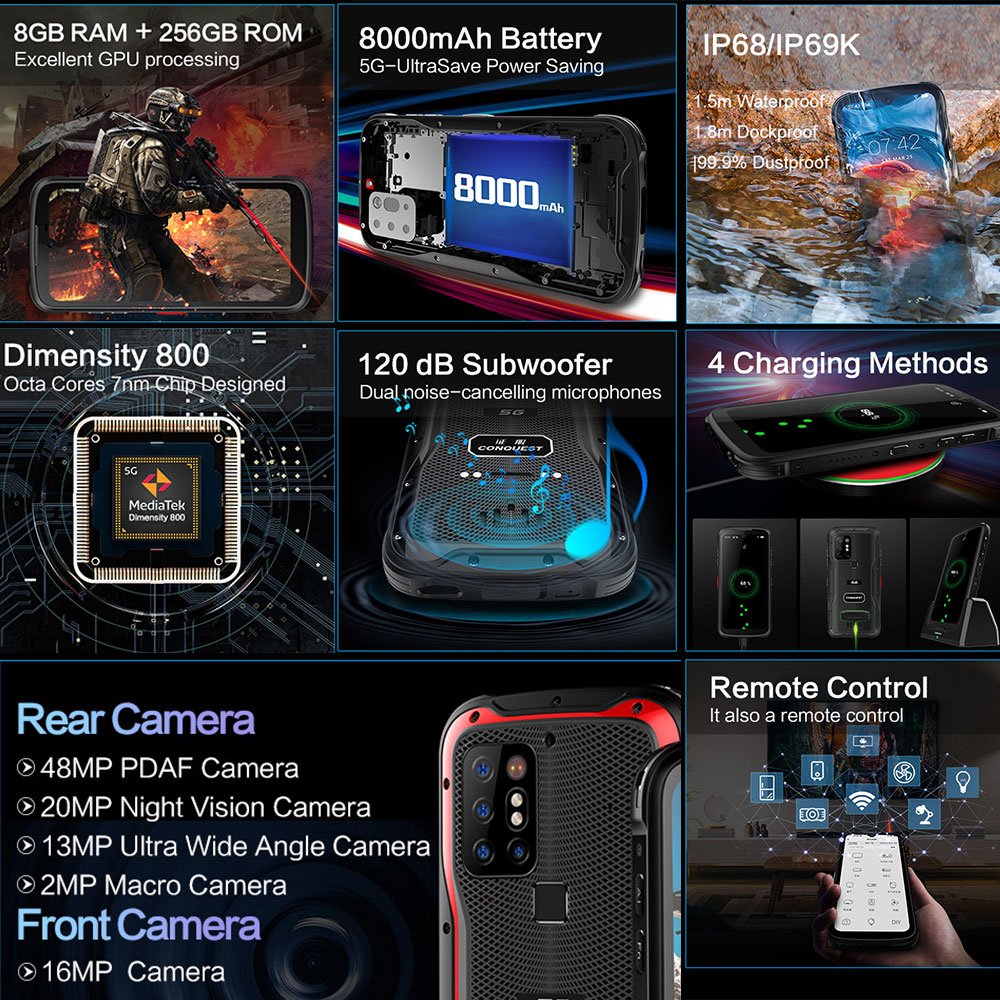 Conquest S20 waterproof IP68 face and fingerprint ID unlocked IR night vision 5G Android 11 rugged phones POC walkie talkie