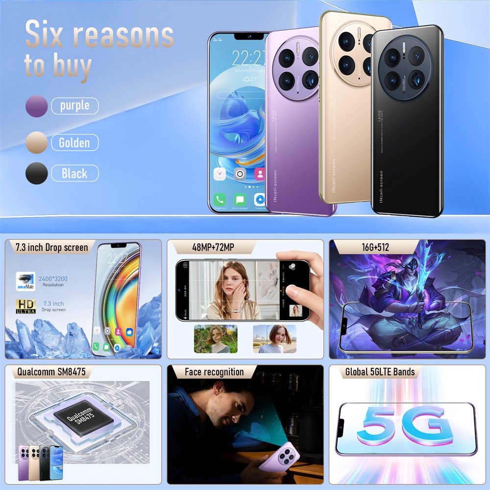 Global 5G phone 7.3 inch drop screen mater 60 pro telefon telephone 4 camera phone gaming 16+512G telephone 5g smartphone