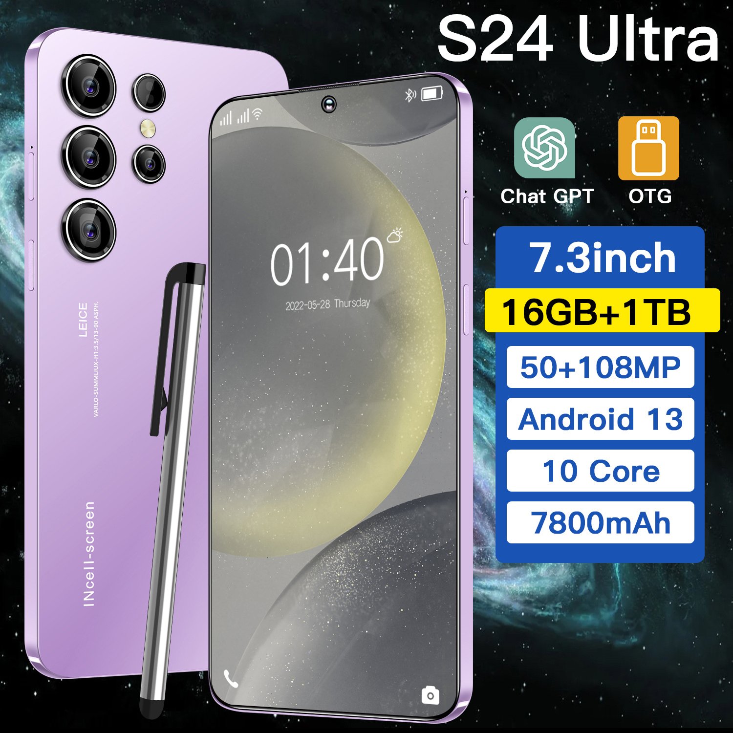 Hot Selling S24 ULTRA original 6GB+128GB 5G Smartphone 7.3 Inch 72MP+108MP Android 14 Cell Phone Unlocked Gaming Mobile Phones