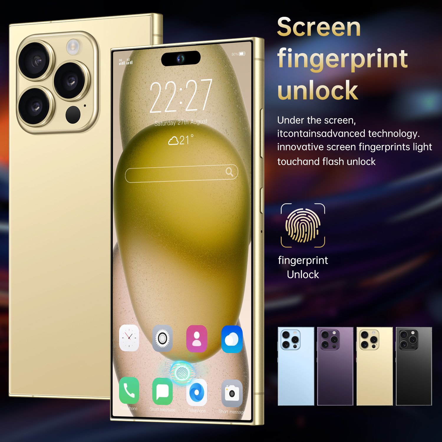 New Design Original I16 Pro Max 6GB+256GB 5G Smartphone 7.3 Inch 72MP+108MP Android 14 Cell Phone Unlocked Gaming Mobile Phones