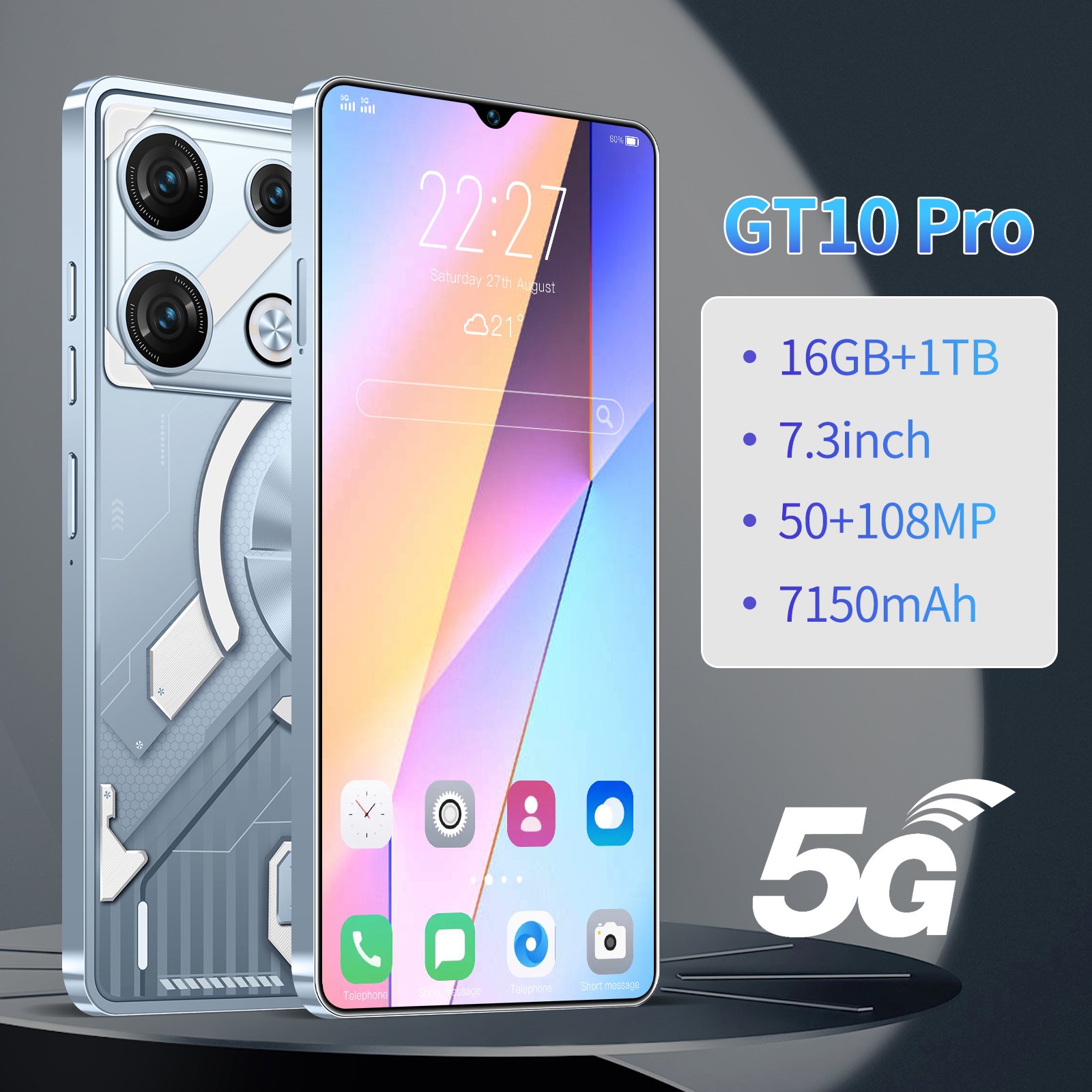Factory Direct Sale Android 11 Beauty Camera 5gsmartphone GT10 Pro 5G global version Smartphone