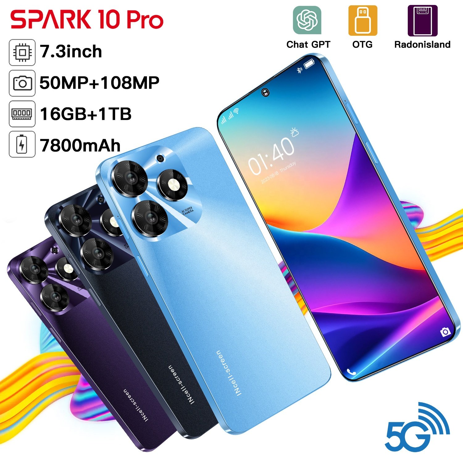 New design Mobile Original tecno spark 10 pro10-core 7.3-inch HD+ smart phone 5g Android13.0 16GB+1TB cell phone