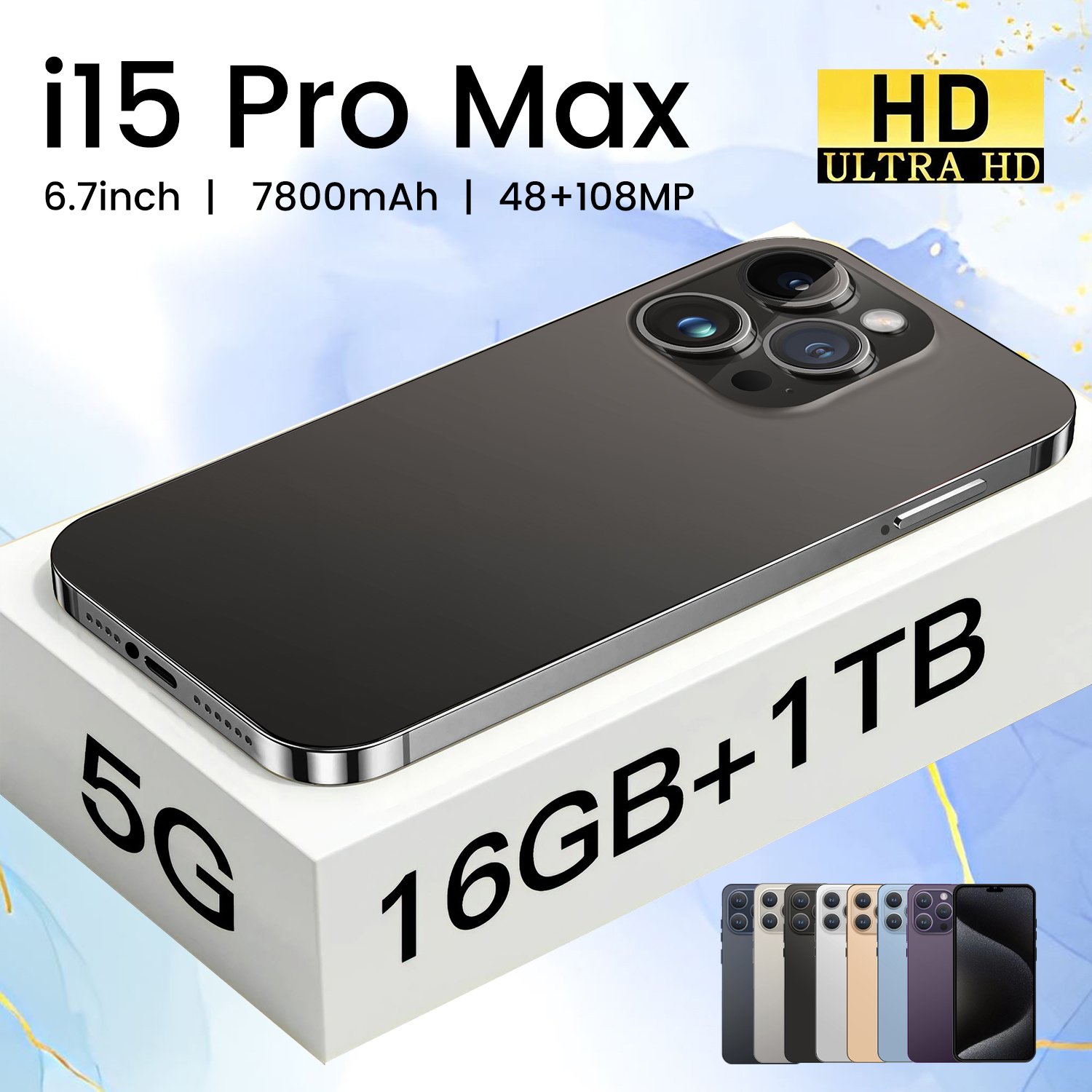 Newest Version 15 pro max 6.8 inch Clone 15 Pro 4G 5G smartphone 8GB+1TB unlocked Dual Sim Card 64MP Cheap i15 Phone Have Logo
