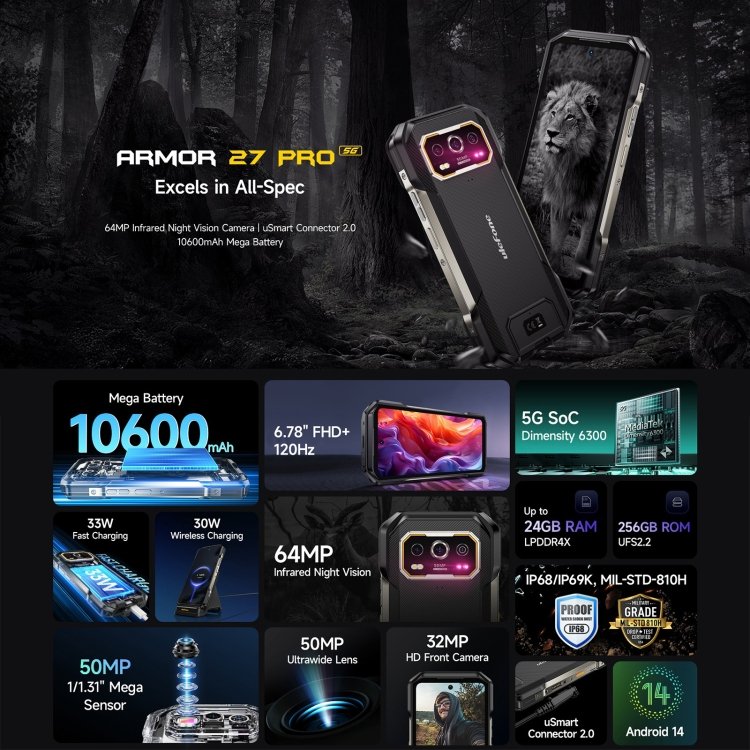 2024 Latest Original Ulefone Armor 27 Pro 5G Smartphone 12GB+256GB Android 14 Dual SIM Card 6.78-inch Chinese 5G Mobile Phones