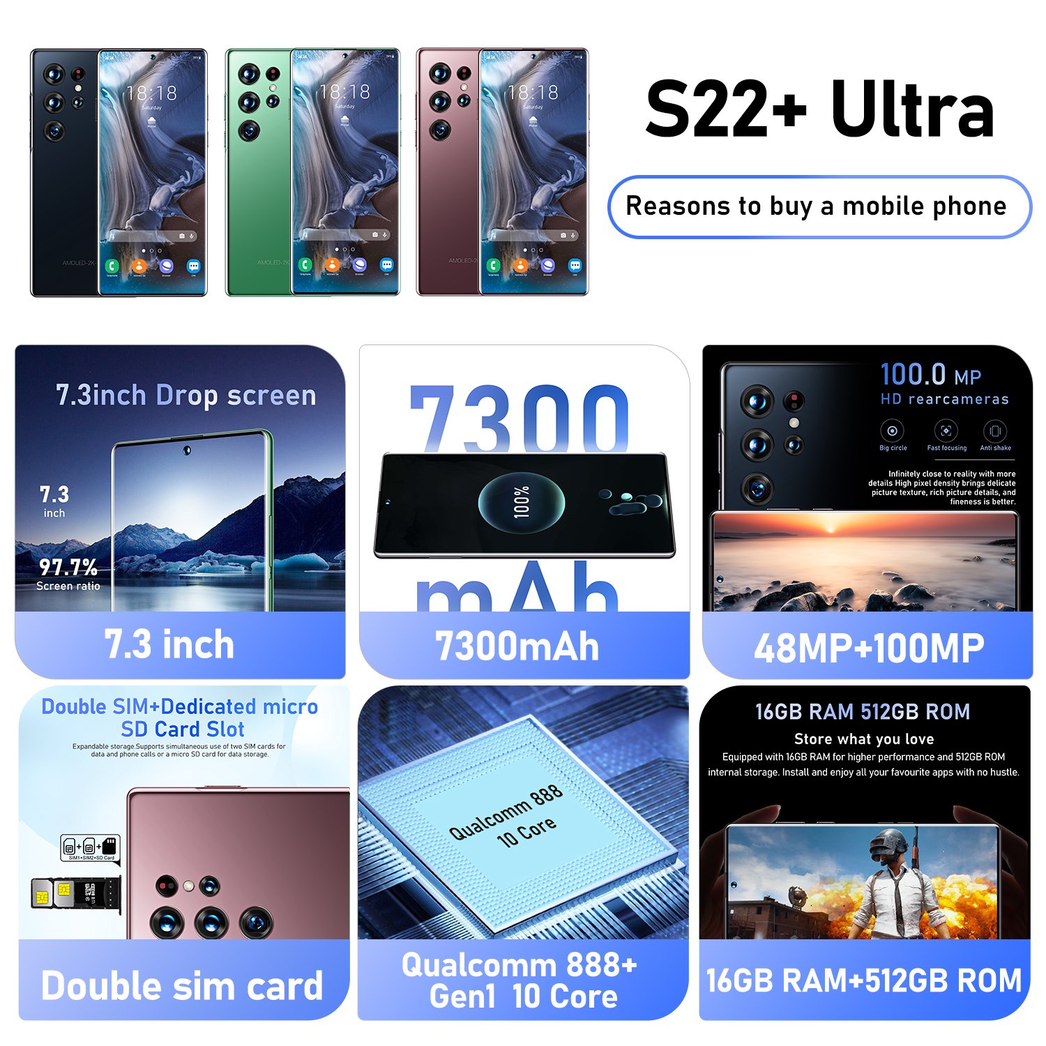HOT Newest S22+ ULTRA Original 7.3 inch 16GB+512GB 48MP+100MP Android 12.0 Gaming Phone 5G Mobile Phone Cell Phone Smartphone