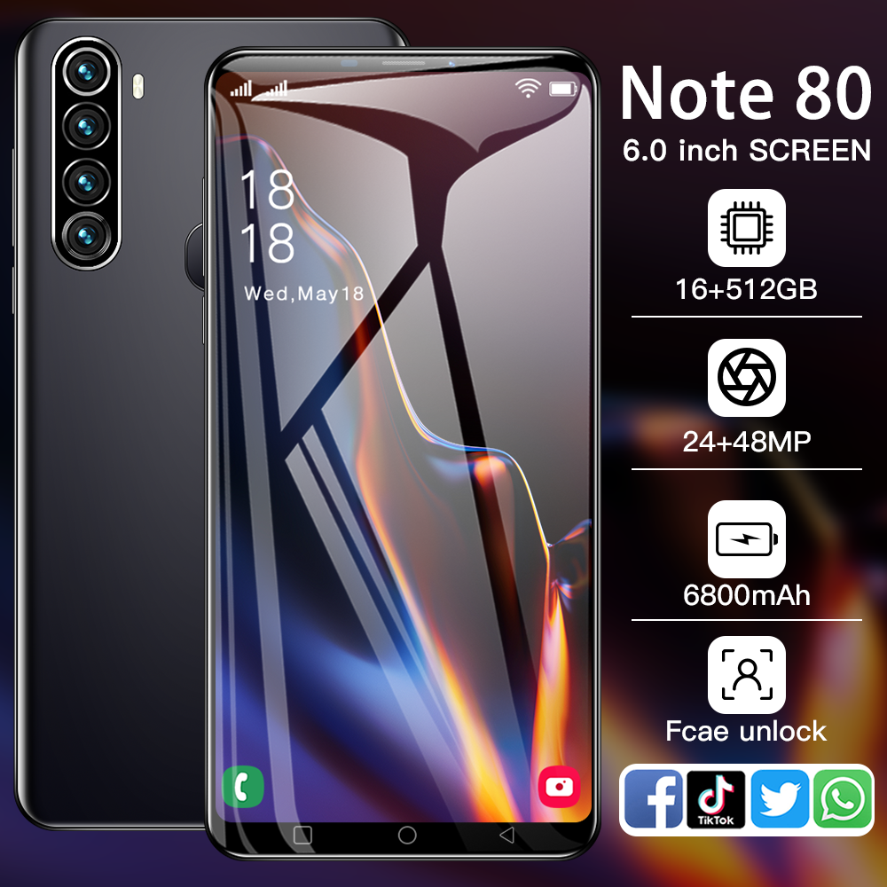 2024 factory Note 80 cellphone big screen HD screen factory price business phone gaming phone wholesale high 3g 4g 5g smartphone