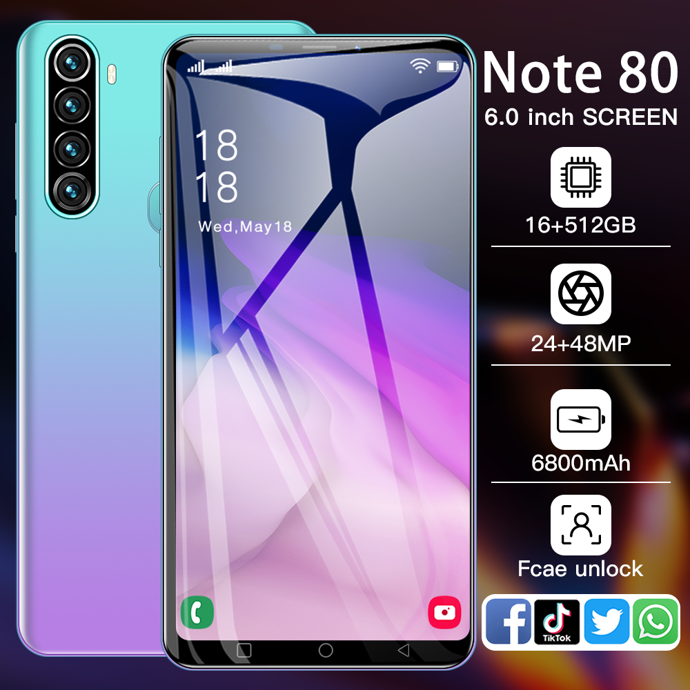2024 factory Note 80 cellphone big screen HD screen factory price business phone gaming phone wholesale high 3g 4g 5g smartphone