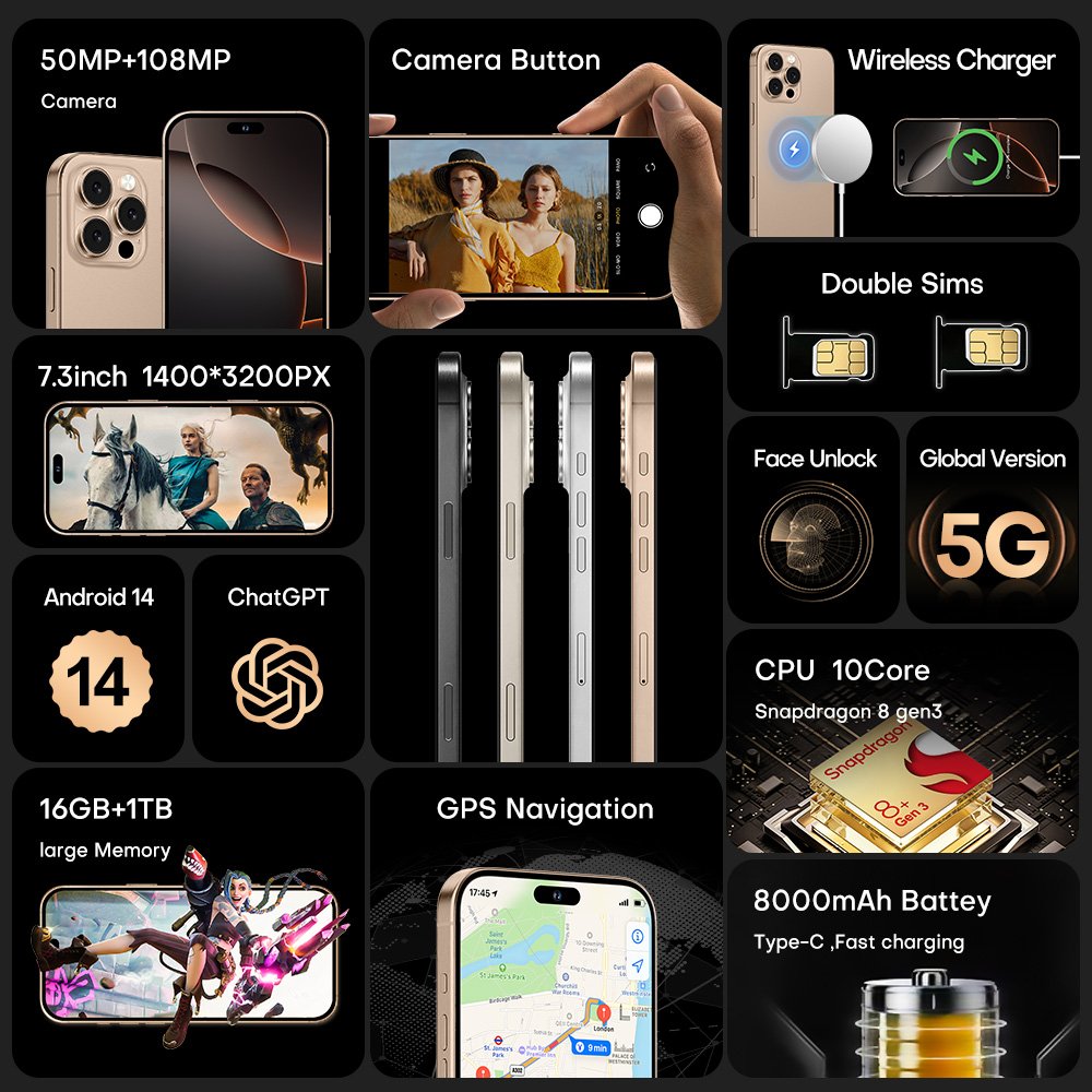2024 Hot Selling Phone 16 pro max Original Cell Phone 8GB+512GB unlock full Display Android 13 Smart Mobile Phone 5g Smartphone