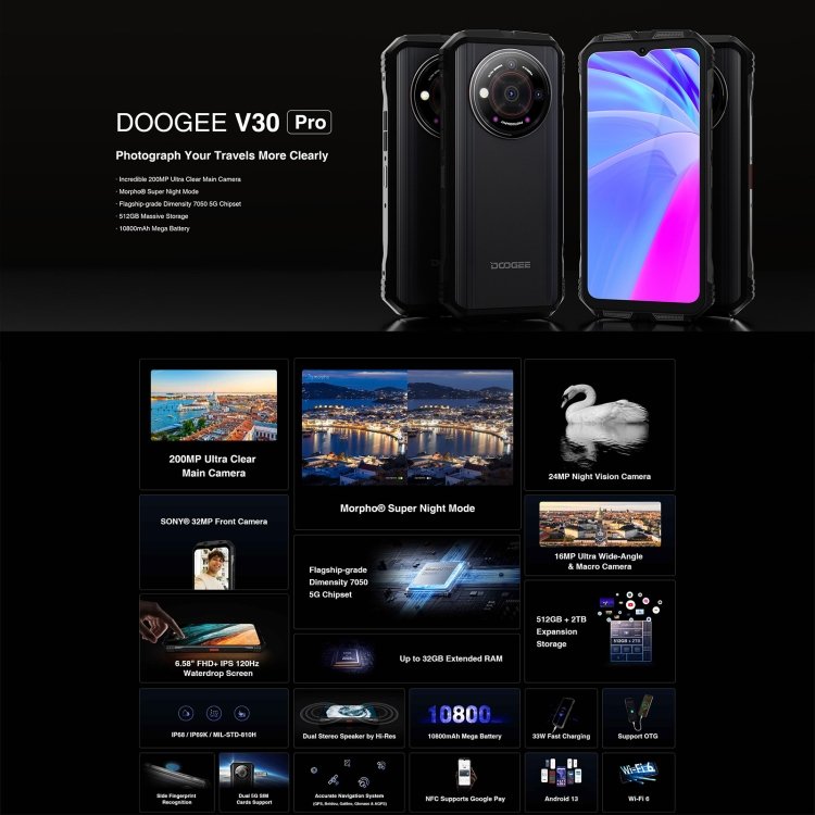High quality fashion phone DOOGEE V30 Pro 12GB+512GB 200MP 5G smartphone 10800mAh 6.58-inch Android 13 5G mobile phones