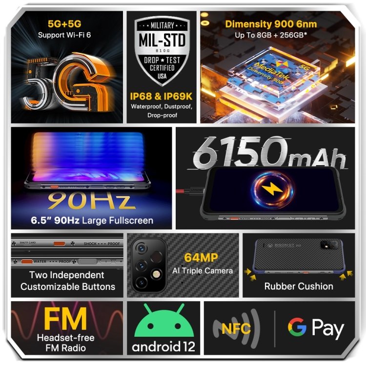 Brand New UMIDIGI BISON GT2 Pro 5G Rugged Phone 6.5inch 8GB+256GB 64MP Camera 6150mAh Android 12 5G Mobile Phones